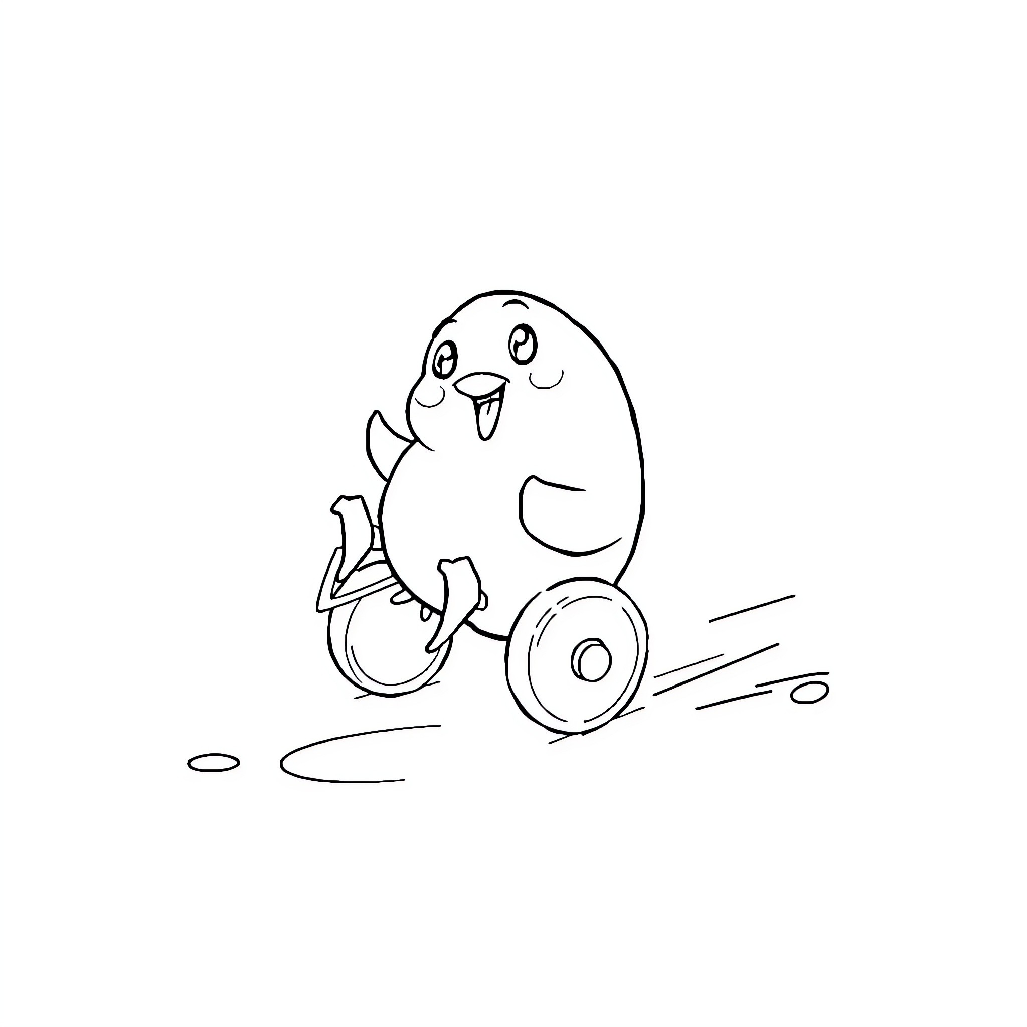 Egg character riding a toy vehicle Coloring Page (free black-and-white line drawing printable PDF for all, from beginners to advanced learners, including children, teens, adults, and seniors)