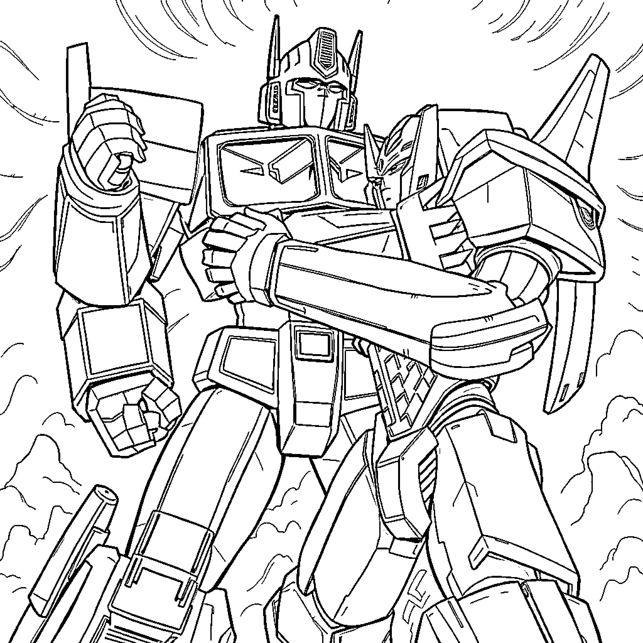Optimus Prime in action-packed robot form Coloring Page (free black-and-white line drawing printable PDF for all, from beginners to advanced learners, including children, teens, adults, and seniors)
