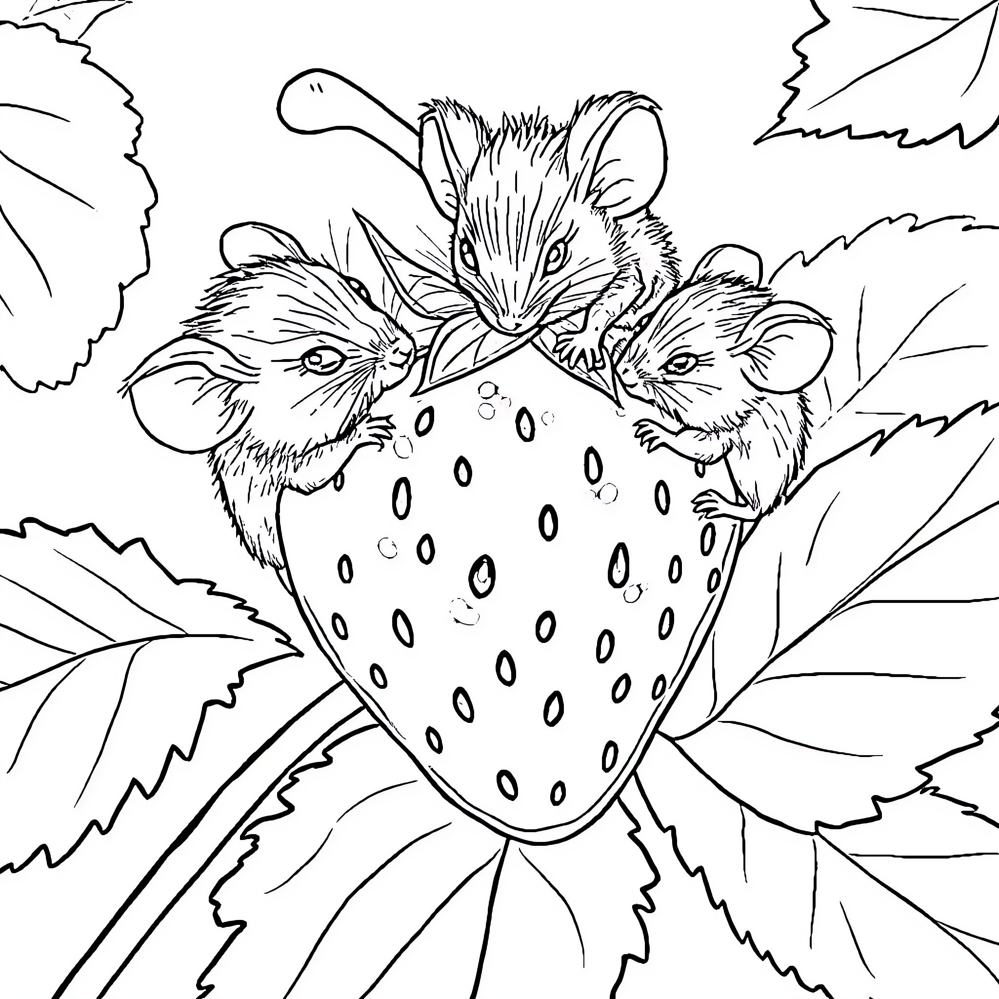 Mice exploring a large strawberry Coloring Page (free black-and-white line drawing printable PDF for all, from beginners to advanced learners, including children, teens, adults, and seniors)