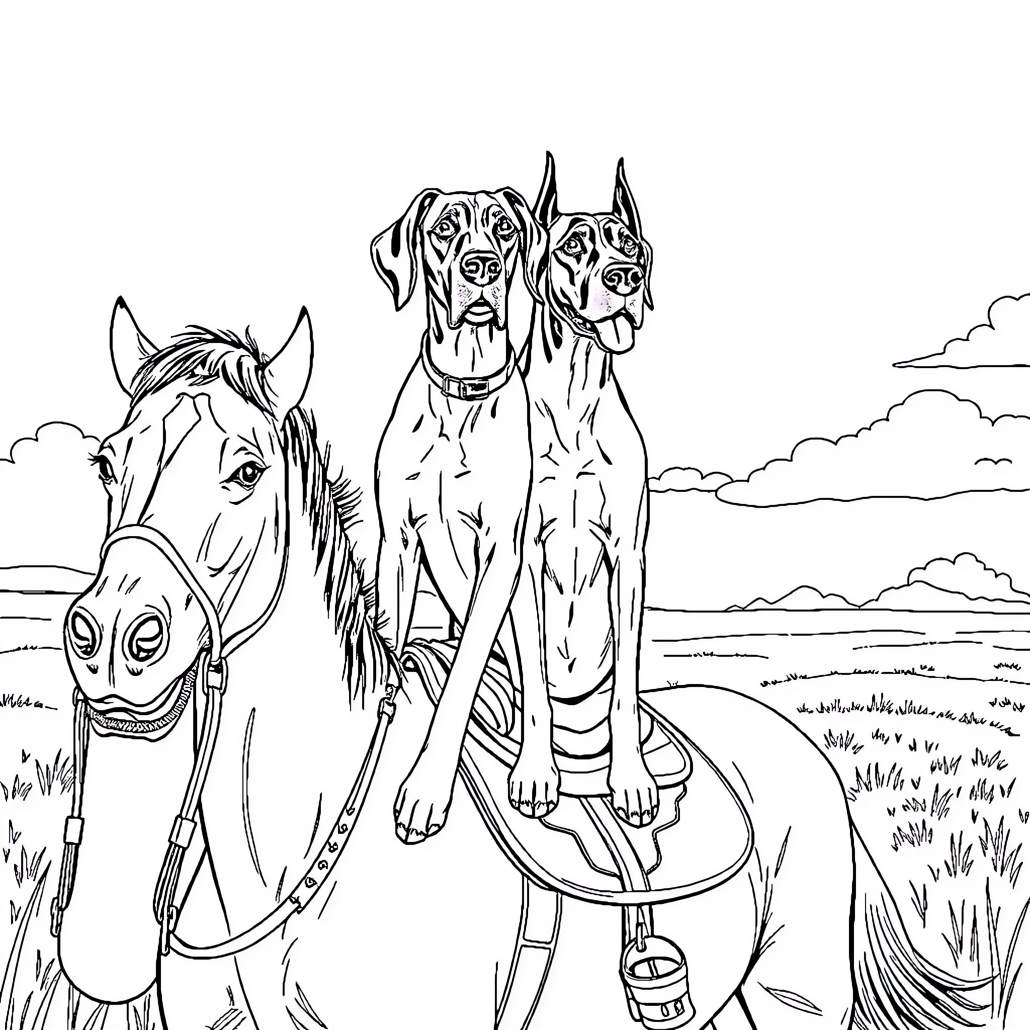 Great Dane companions exploring the outdoors with a horse Coloring Page (free black-and-white line drawing printable PDF for all, from beginners to advanced learners, including children, teens, adults, and seniors)