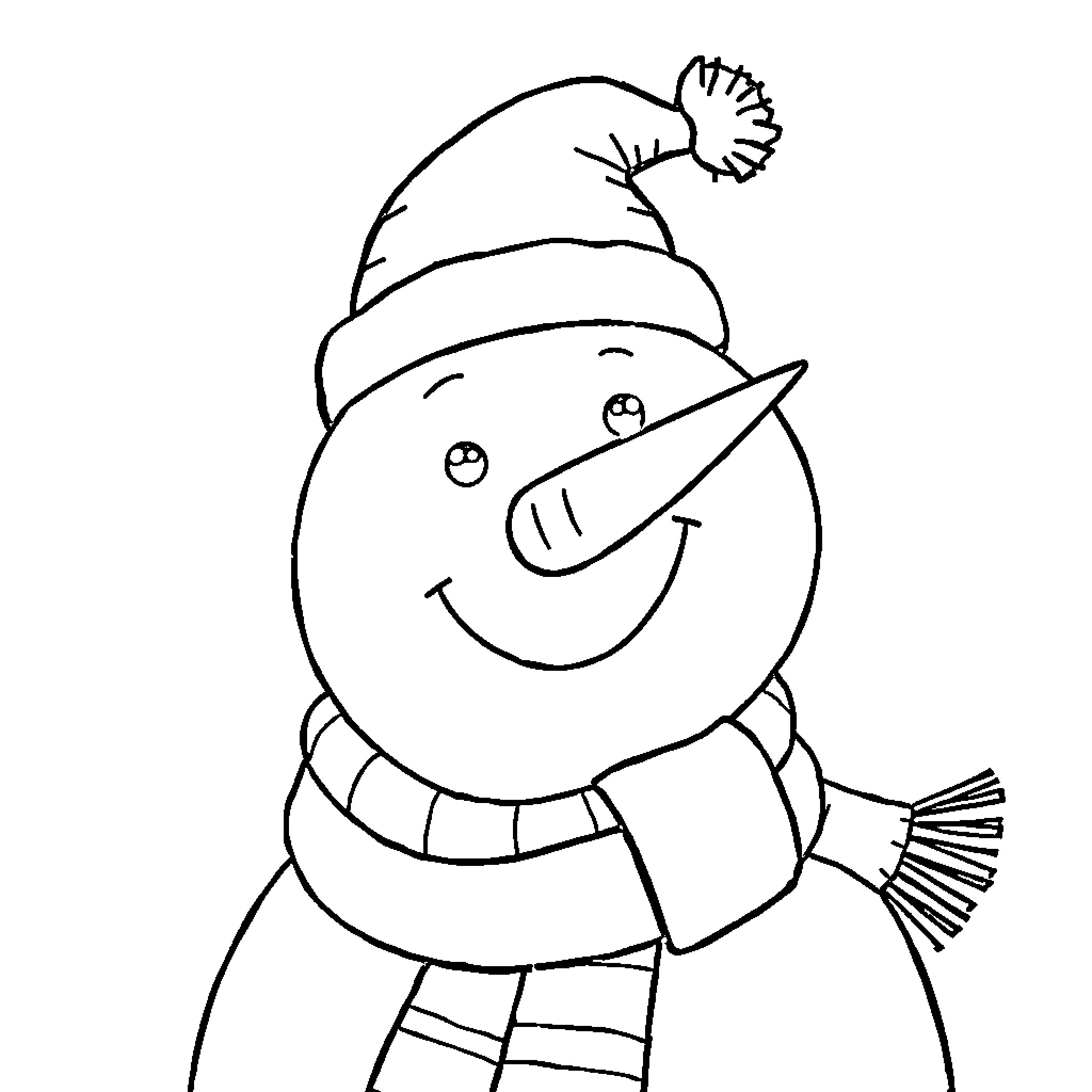 Snowman with a happy expression Coloring Page (free black-and-white line drawing printable PDF for all, from beginners to advanced learners, including children, teens, adults, and seniors)