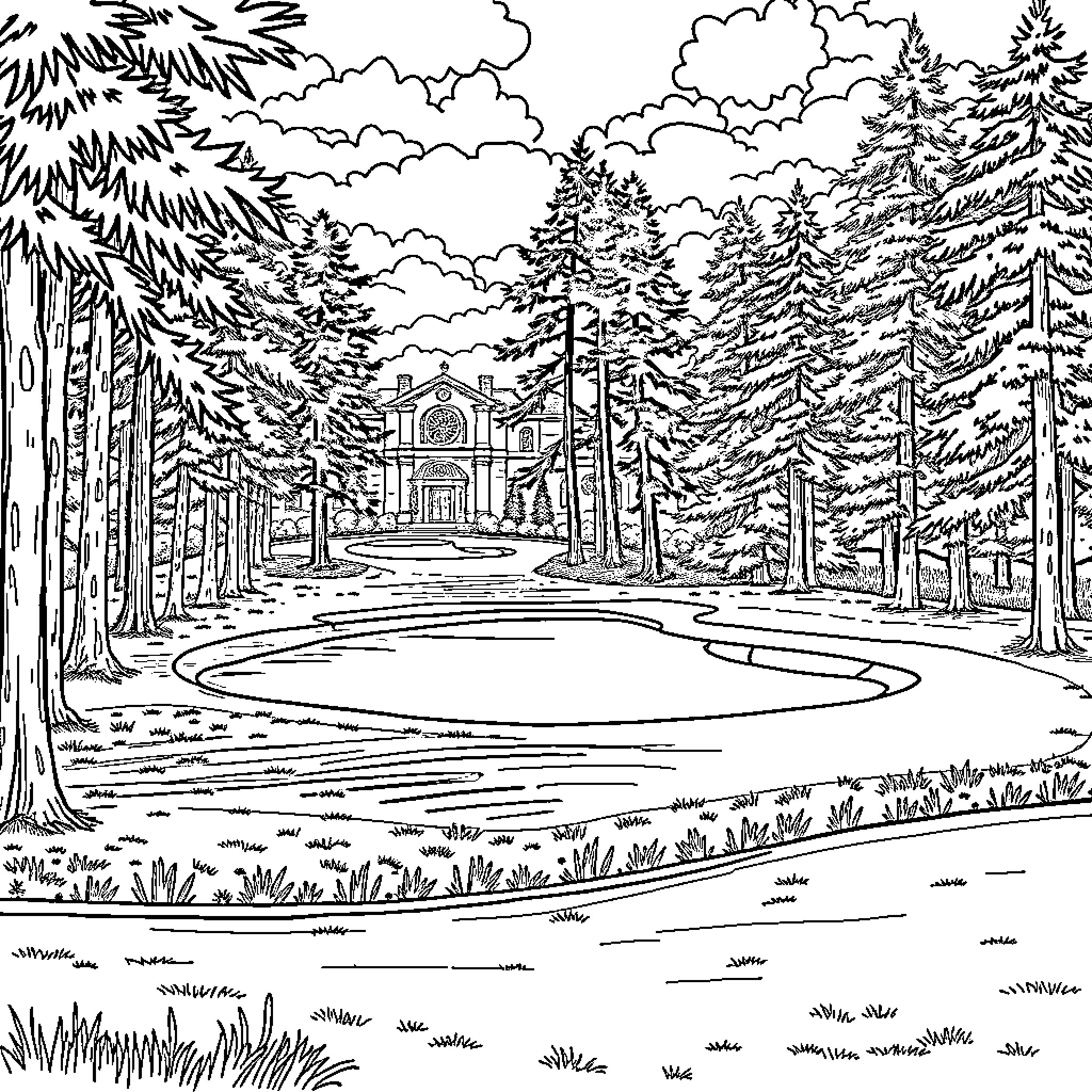 Golf Hole in Snowy Forest Landscape Coloring Page (free black-and-white line drawing printable PDF for all, from beginners to advanced learners, including children, teens, adults, and seniors)