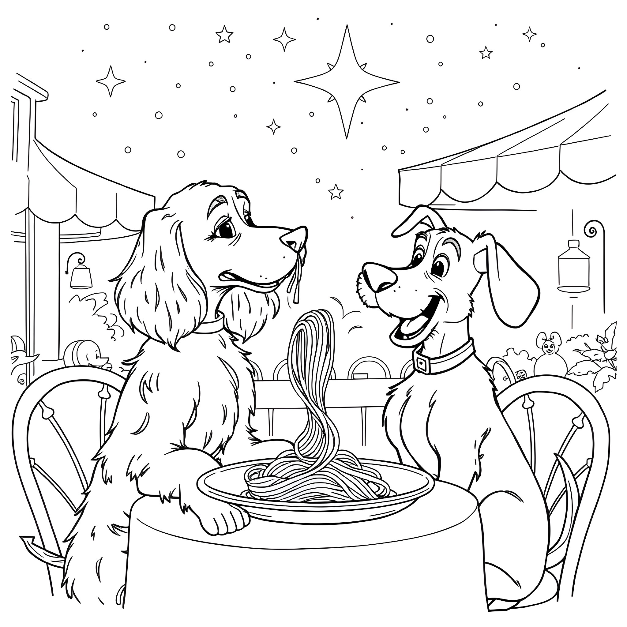 Lady And The Tramp Sharing Spaghetti Dinner Under Starry Night Coloring Page (free black-and-white line drawing printable PDF for all, from beginners to advanced learners, including children, teens, adults, and seniors)
