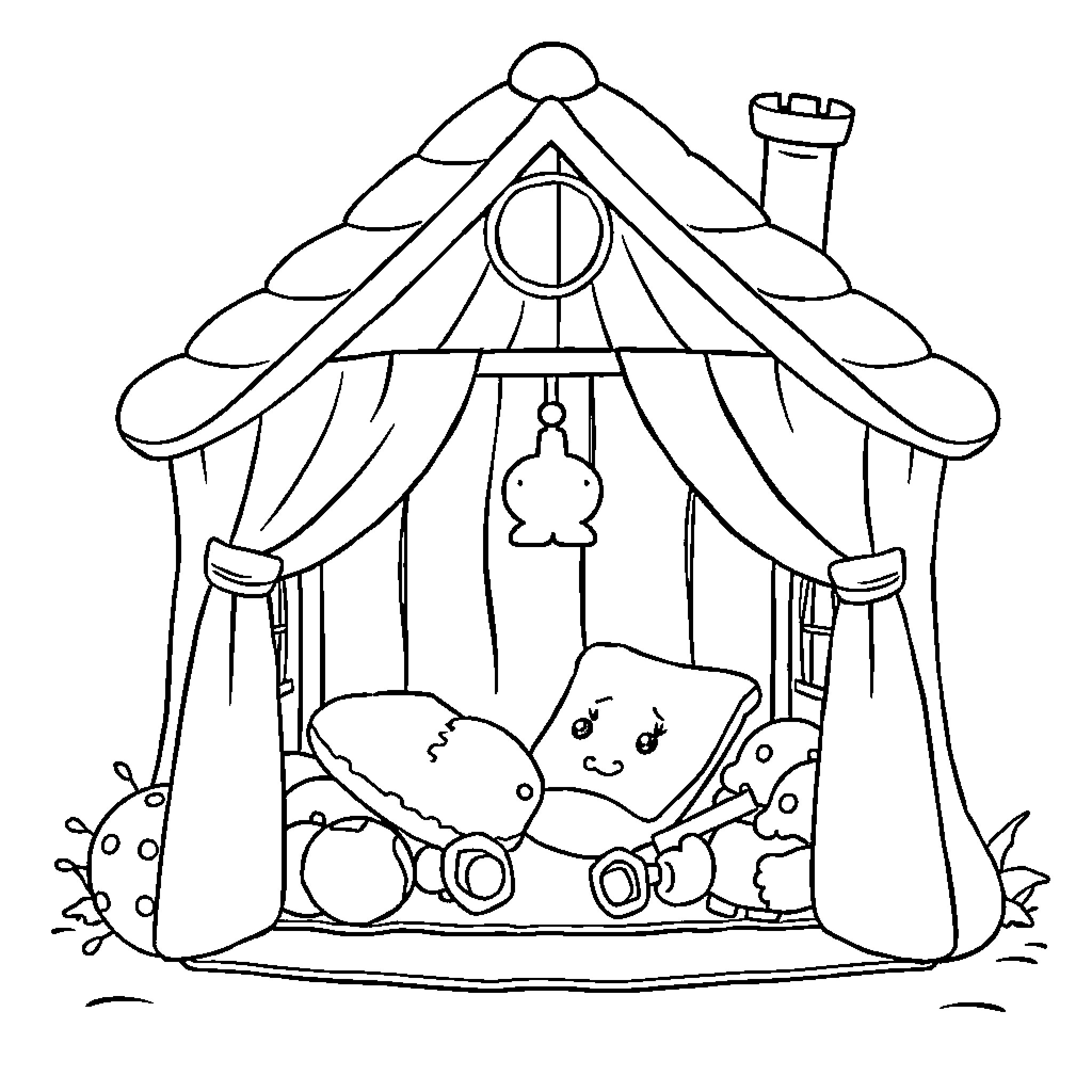 Play House with Stuffed Toys and Decor Coloring Page (free black-and-white line drawing printable PDF for all, from beginners to advanced learners, including children, teens, adults, and seniors)