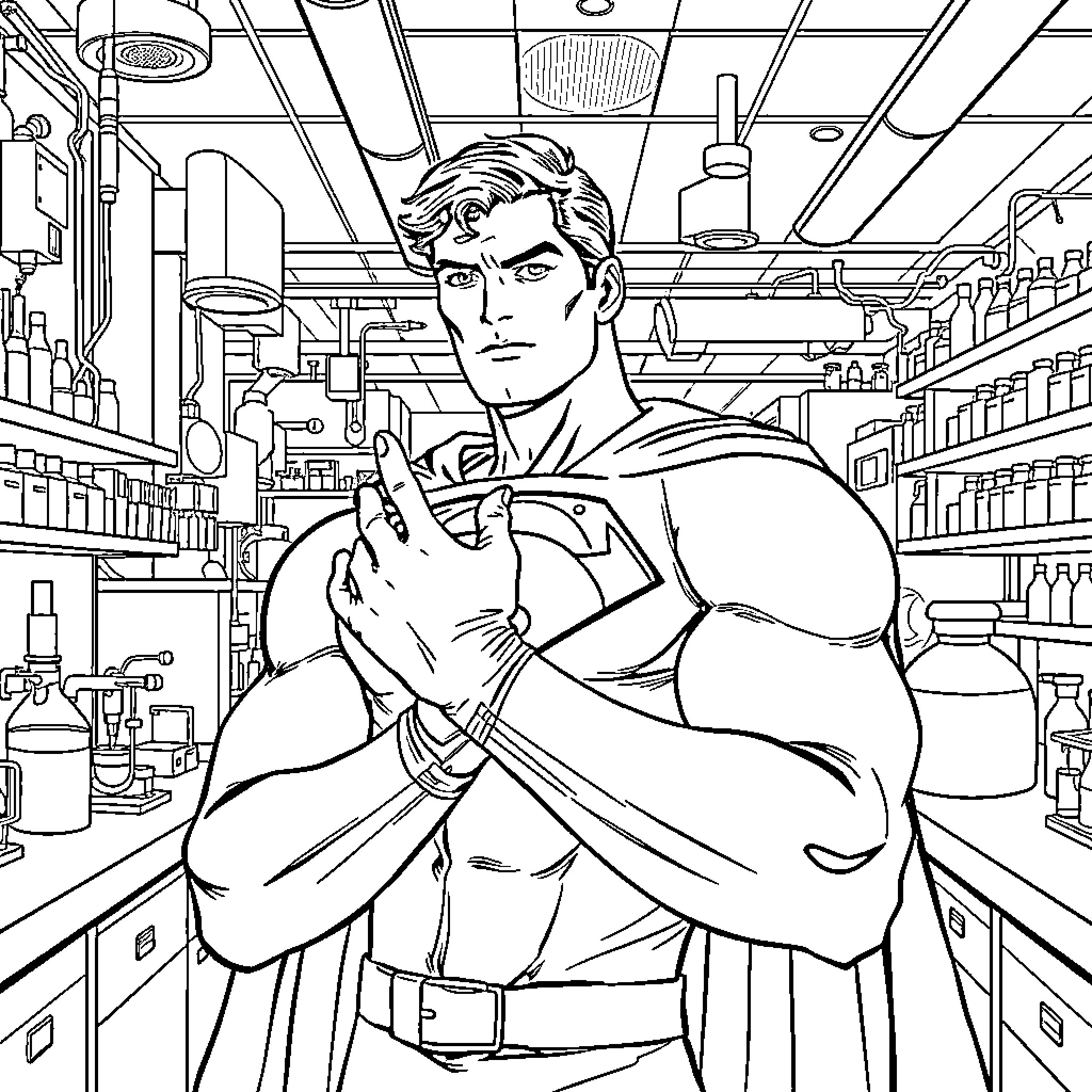 Superman standing in a store, ready for action Coloring Page (free black-and-white line drawing printable PDF for all, from beginners to advanced learners, including children, teens, adults, and seniors)