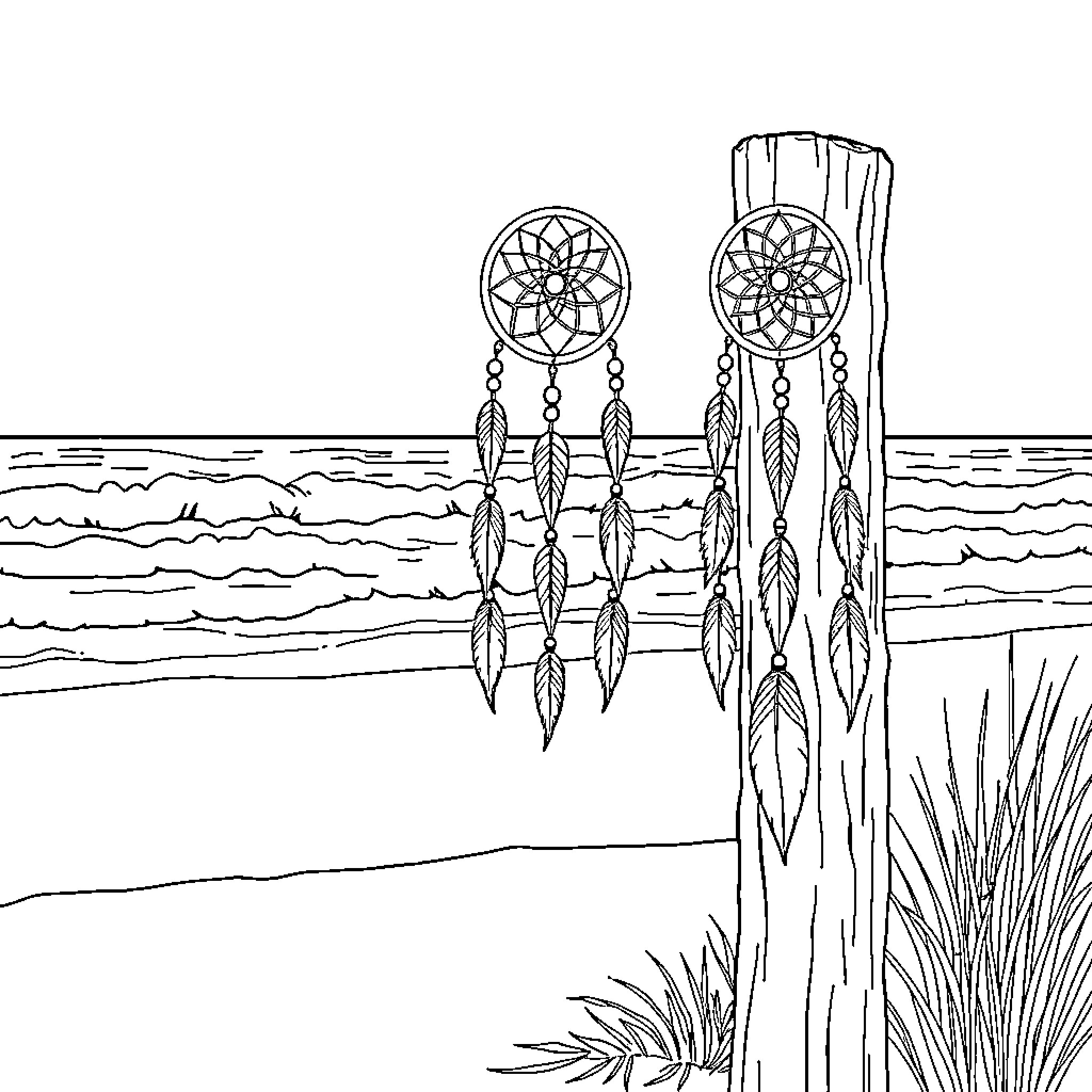 Dreamcatcher reflection on tranquil waters Coloring Page (free black-and-white line drawing printable PDF for all, from beginners to advanced learners, including children, teens, adults, and seniors)