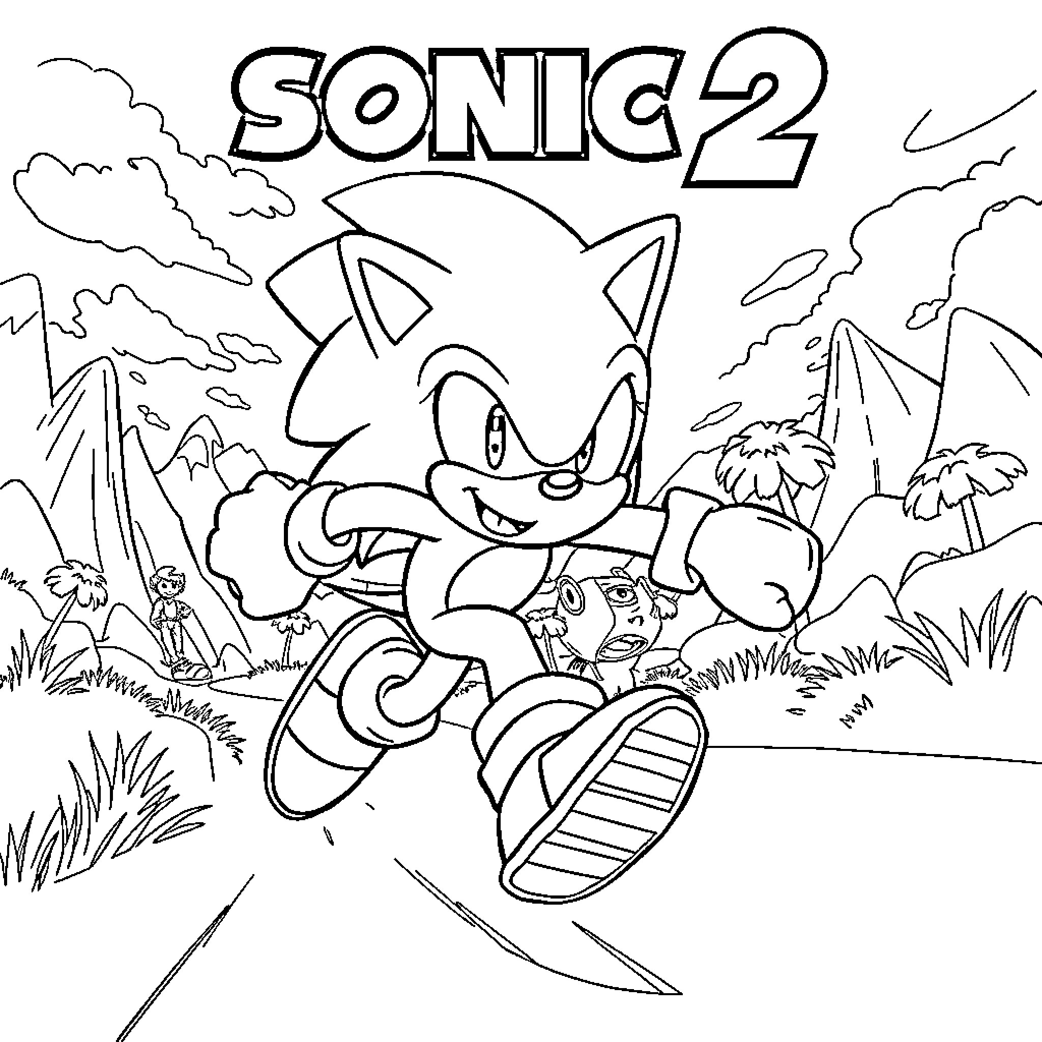 Sonic running through the jungle Coloring Page (free black-and-white line drawing printable PDF for all, from beginners to advanced learners, including children, teens, adults, and seniors)