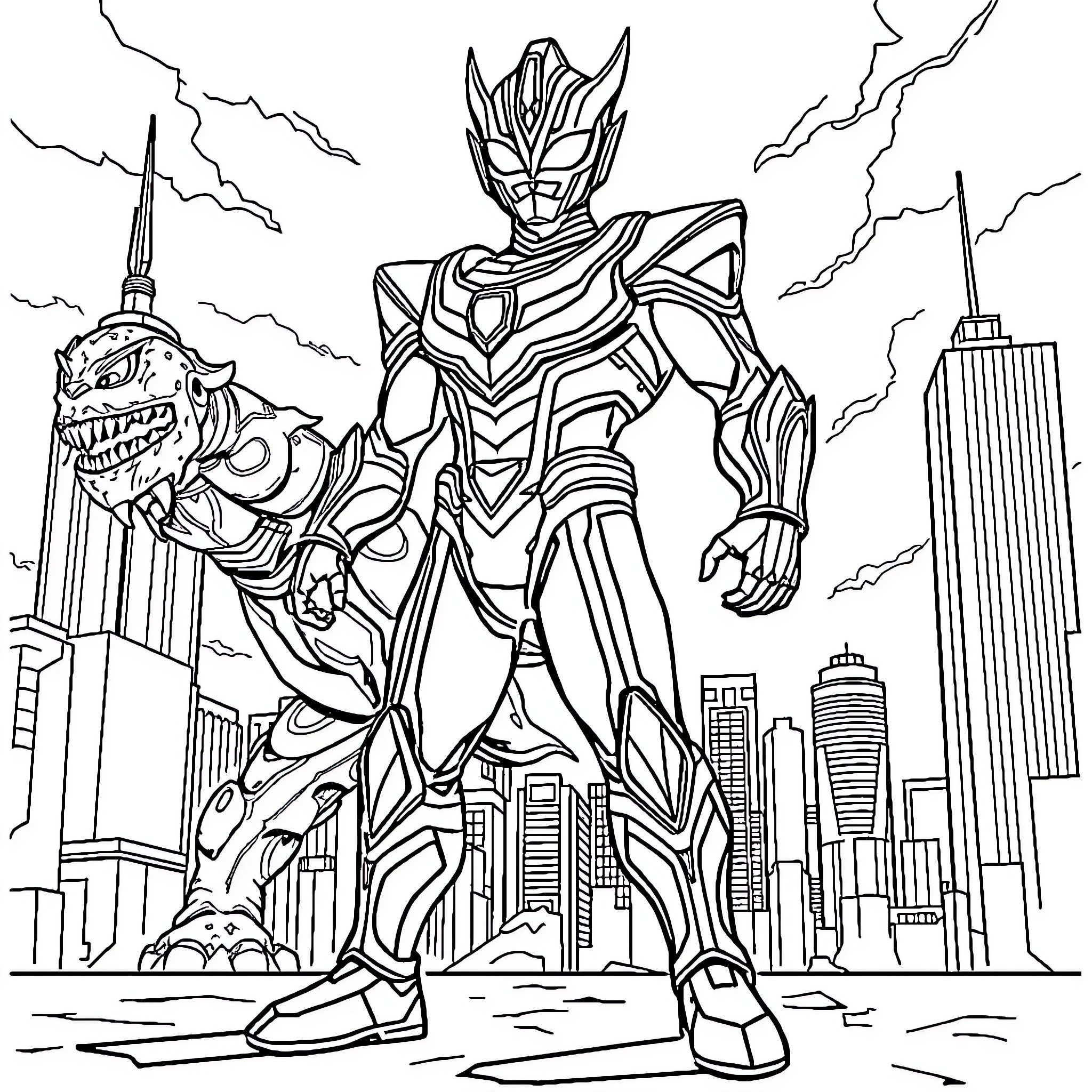 Ultraman confronting a giant monster in the city Coloring Page (free black-and-white line drawing printable PDF for all, from beginners to advanced learners, including children, teens, adults, and seniors)