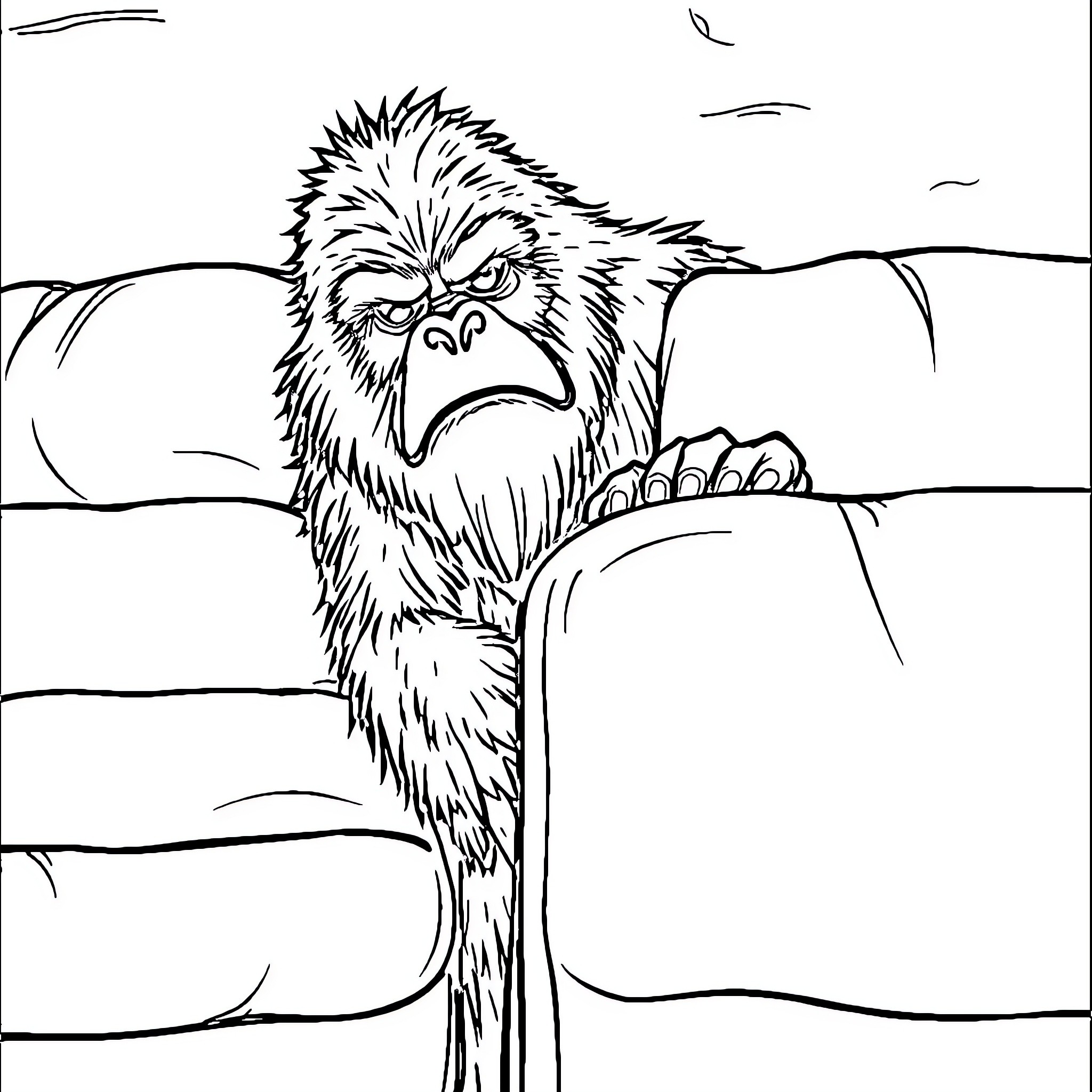 Bigfoot emerging from behind the rocks Coloring Page (free black-and-white line drawing printable PDF for all, from beginners to advanced learners, including children, teens, adults, and seniors)