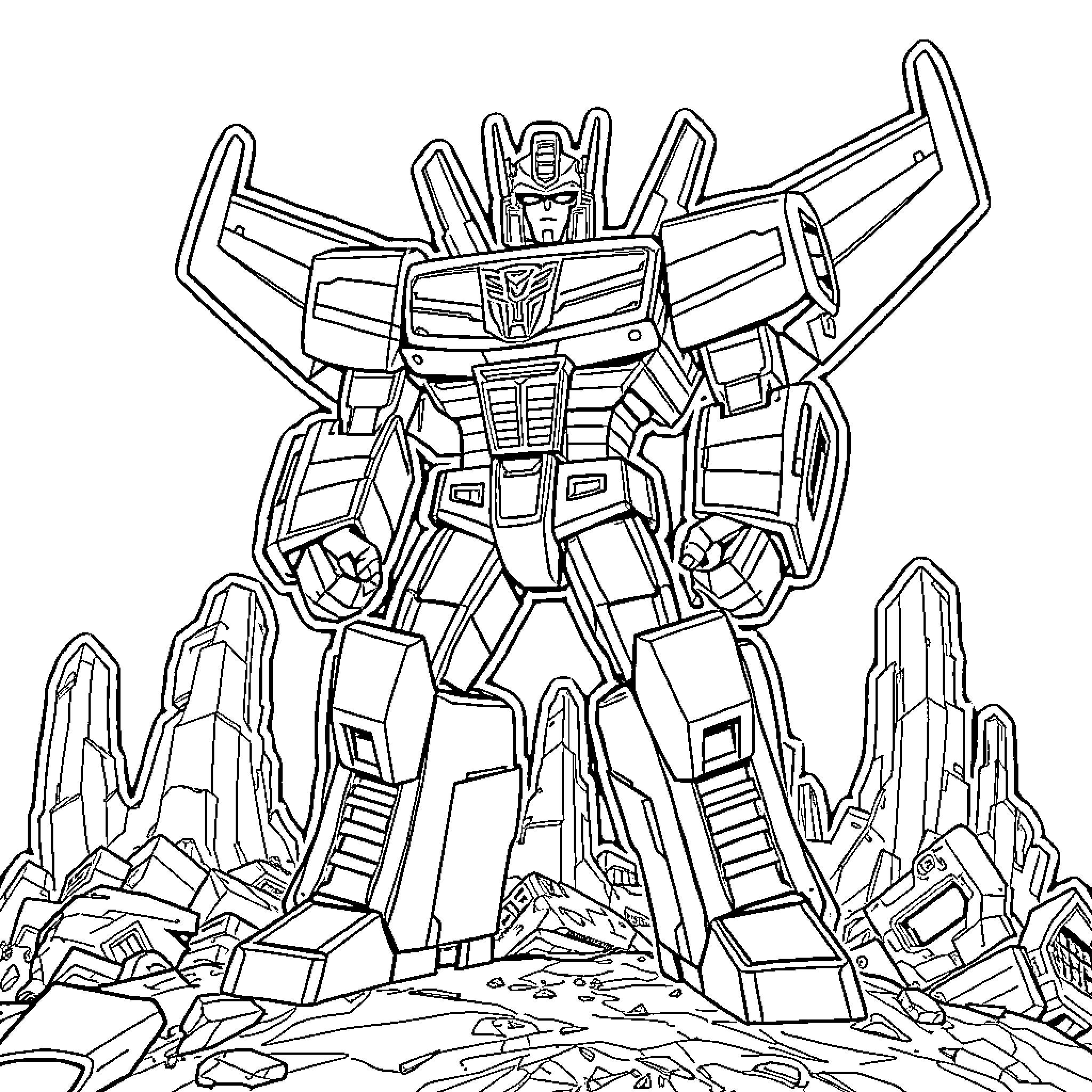 Megatron's Towering Presence on the Battlefield Coloring Page (free black-and-white line drawing printable PDF for all, from beginners to advanced learners, including children, teens, adults, and seniors)