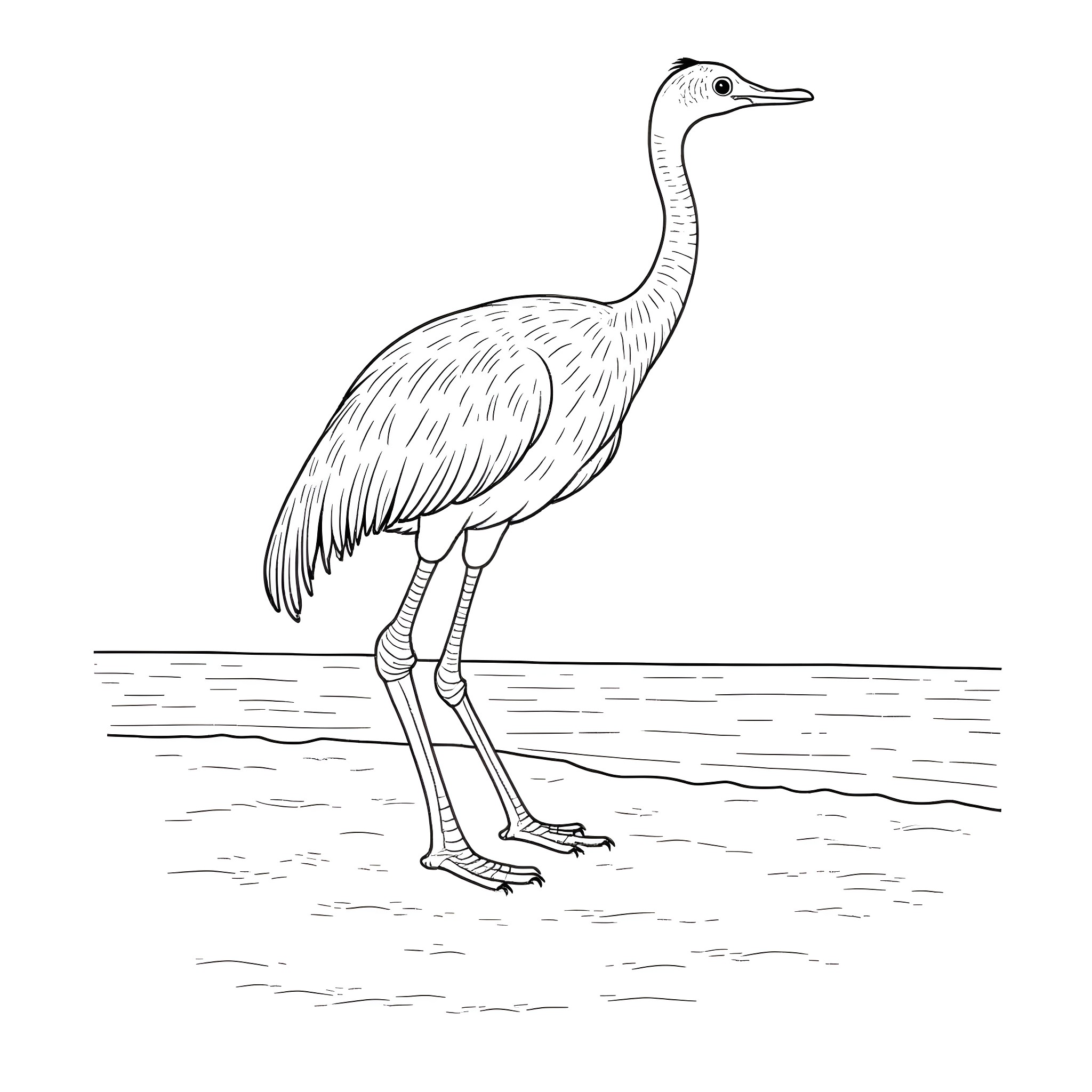 Cassowary standing tall on the shoreline Coloring Page (free black-and-white line drawing printable PDF for all, from beginners to advanced learners, including children, teens, adults, and seniors)