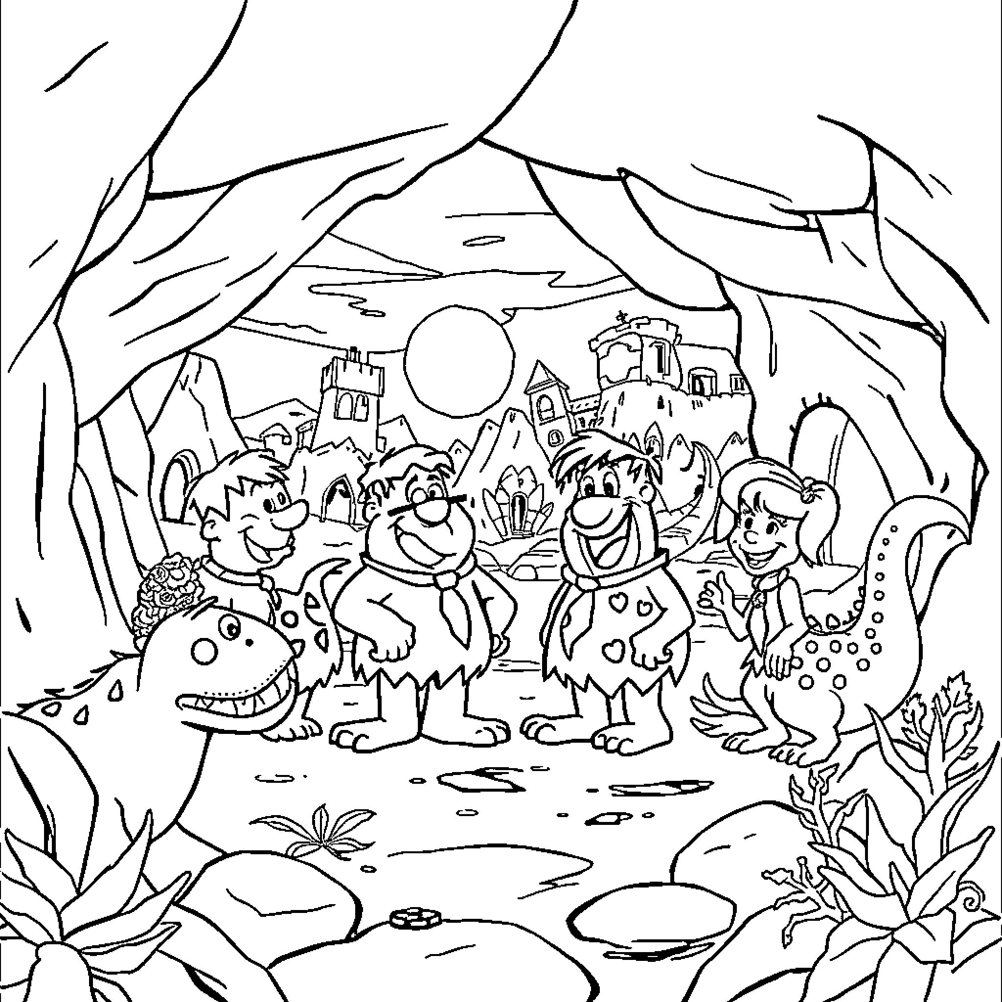 Flintstones characters in prehistoric village setting Coloring Page (free black-and-white line drawing printable PDF for all, from beginners to advanced learners, including children, teens, adults, and seniors)