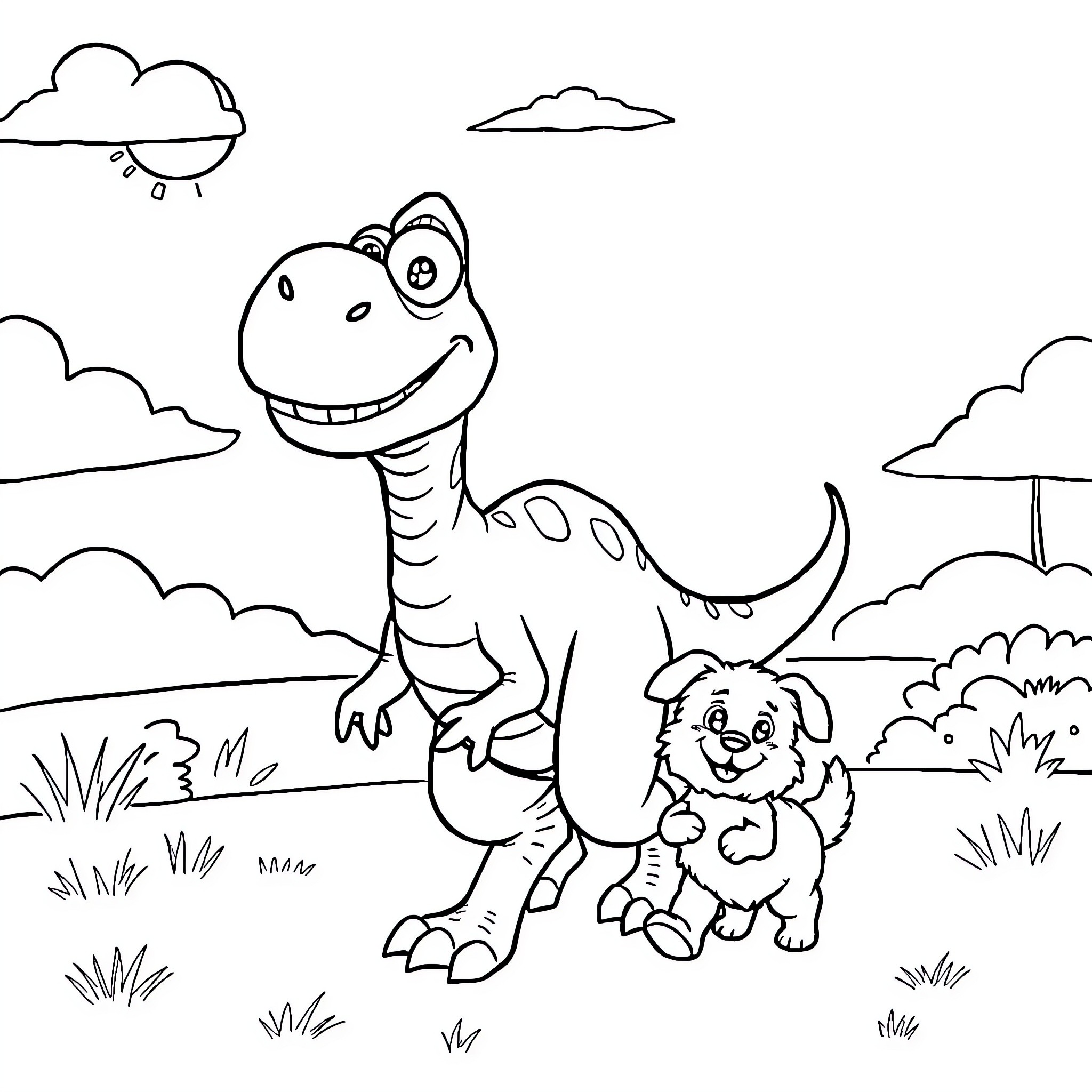 Dinosaur and puppy playing happily in the park Coloring Page (free black-and-white line drawing printable PDF for all, from beginners to advanced learners, including children, teens, adults, and seniors)