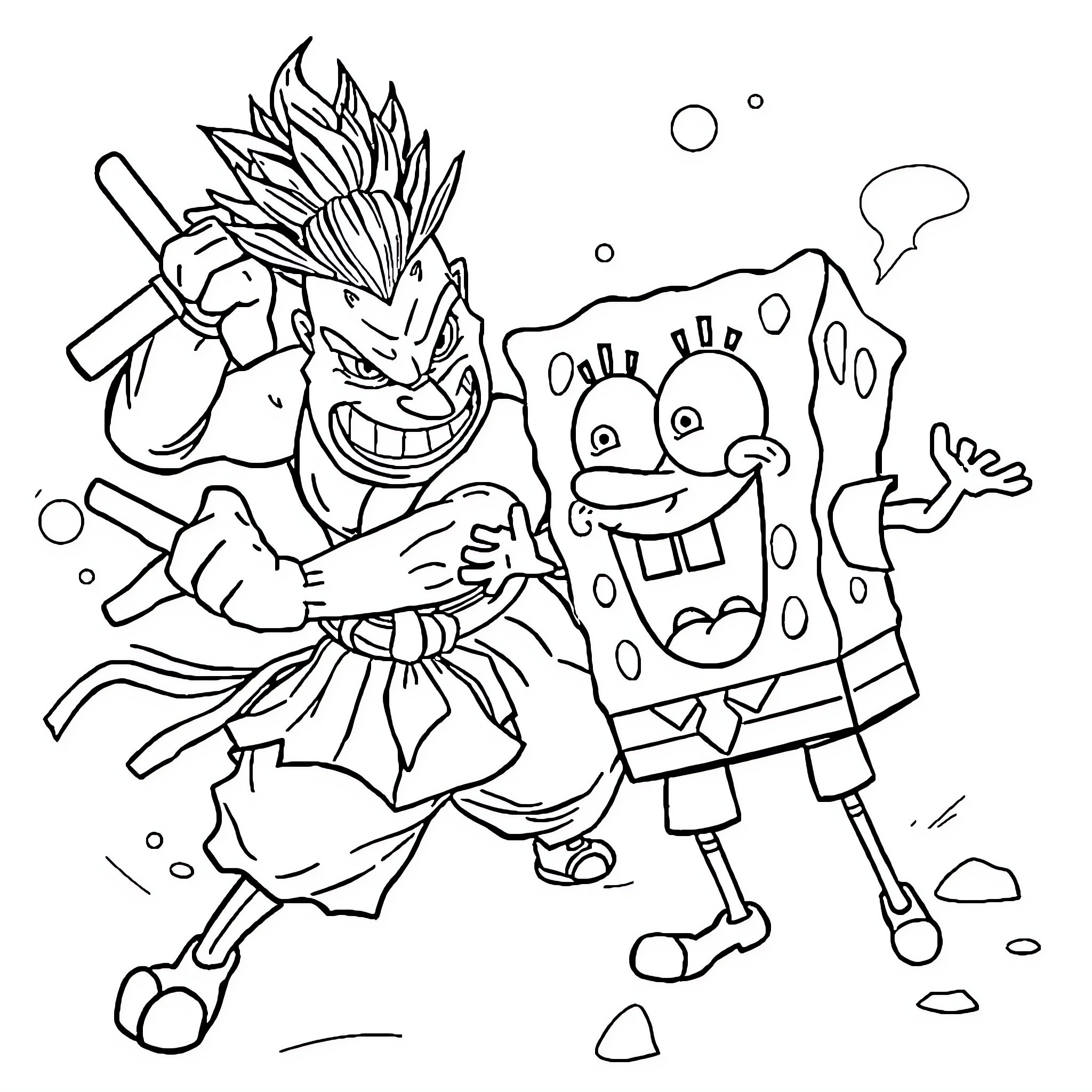 Sangoku characters in animated outfits and poses Coloring Page (free black-and-white line drawing printable PDF for all, from beginners to advanced learners, including children, teens, adults, and seniors)