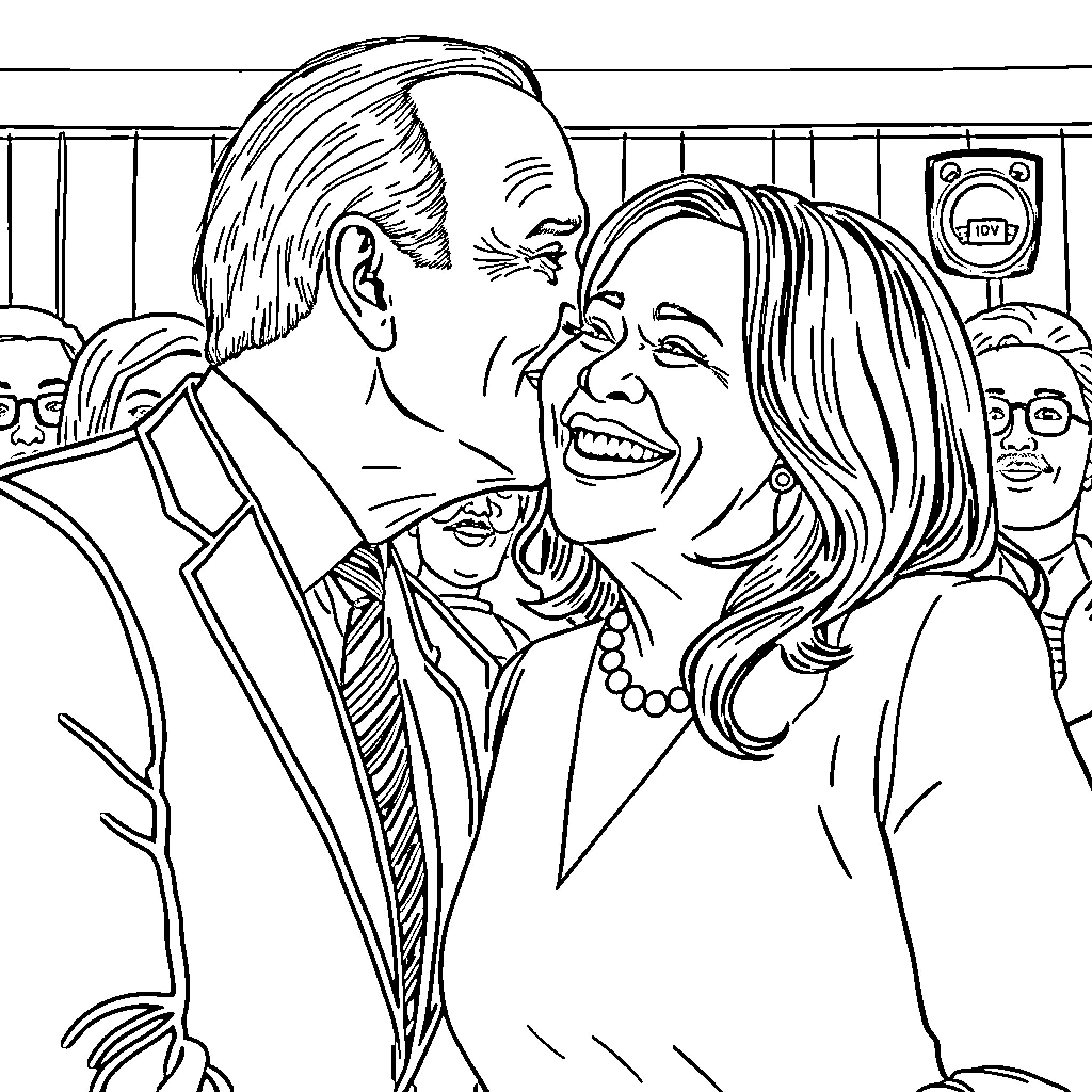 Joe Biden and woman sharing a friendly exchange Coloring Page (free black-and-white line drawing printable PDF for all, from beginners to advanced learners, including children, teens, adults, and seniors)