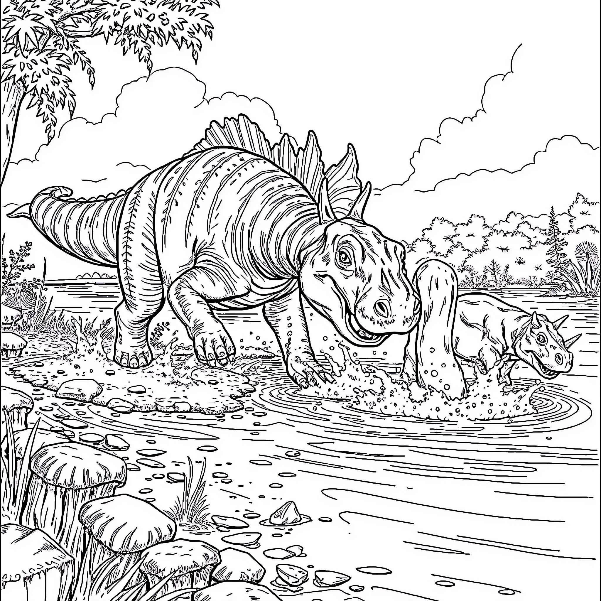 Spinosaurus dinosaurs in natural habitat Coloring Page (free black-and-white line drawing printable PDF for all, from beginners to advanced learners, including children, teens, adults, and seniors)