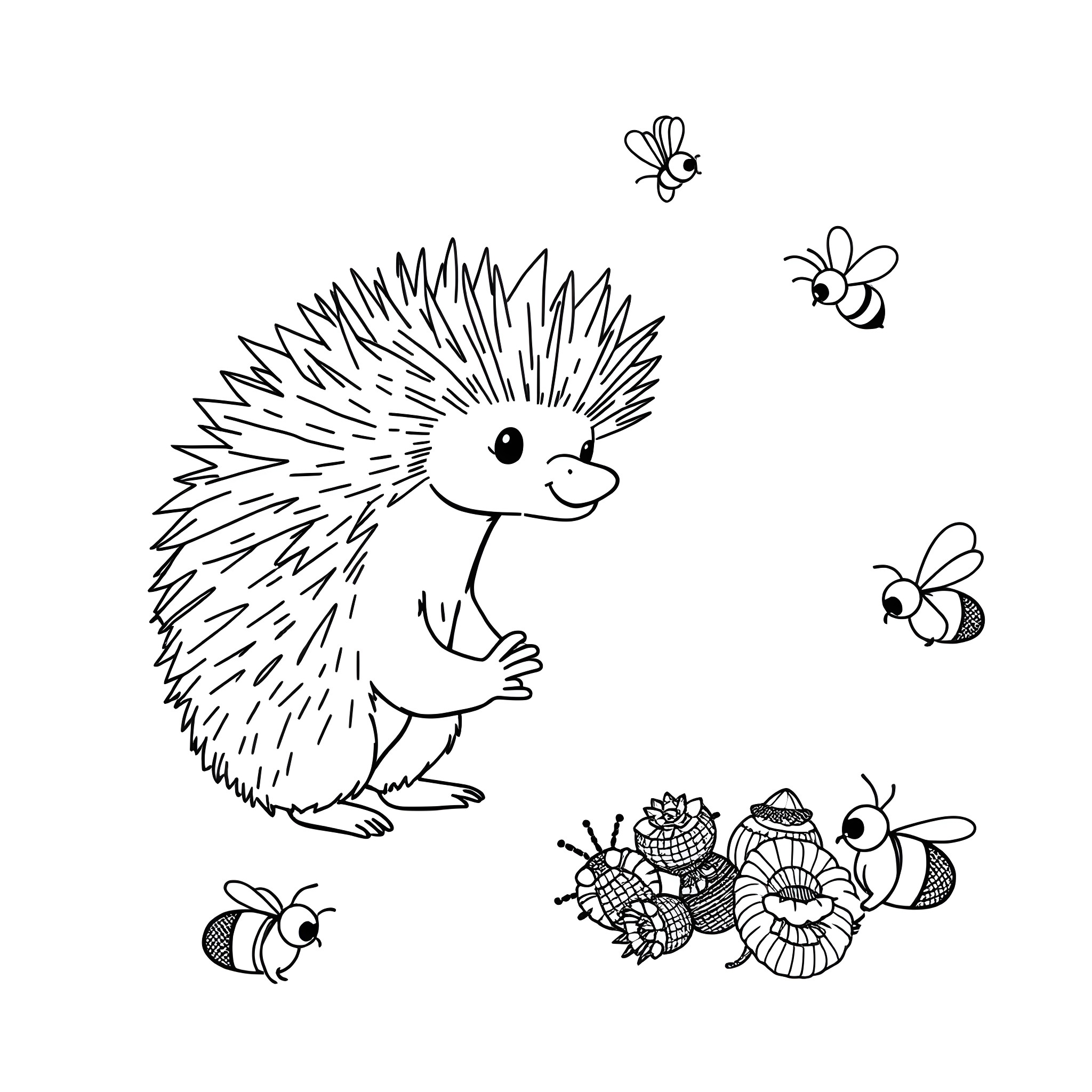 Echidna interacting with friendly bees and insects Coloring Page (free black-and-white line drawing printable PDF for all, from beginners to advanced learners, including children, teens, adults, and seniors)