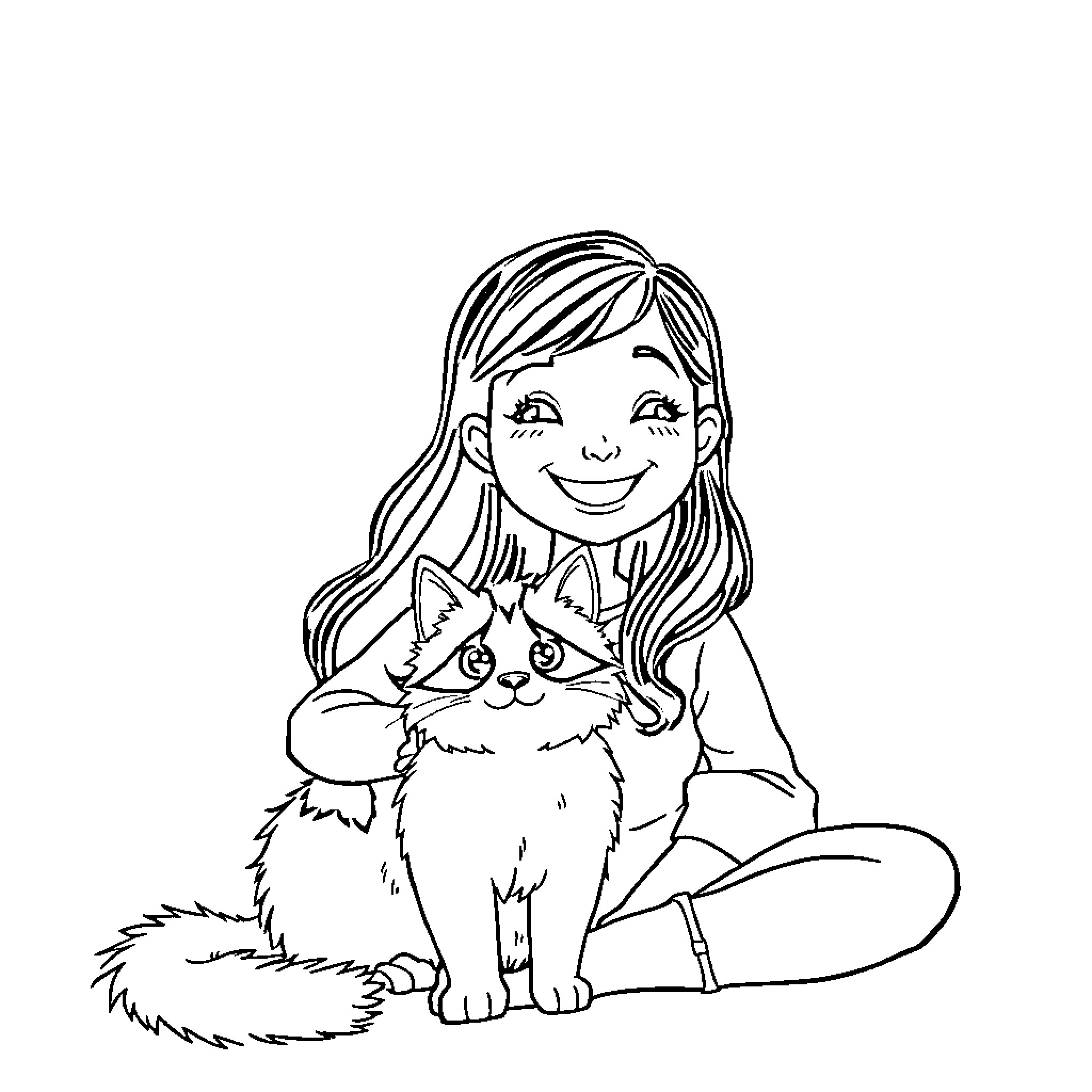 Gabby's Happy Playtime with Pet Kitten Coloring Page (free black-and-white line drawing printable PDF for all, from beginners to advanced learners, including children, teens, adults, and seniors)