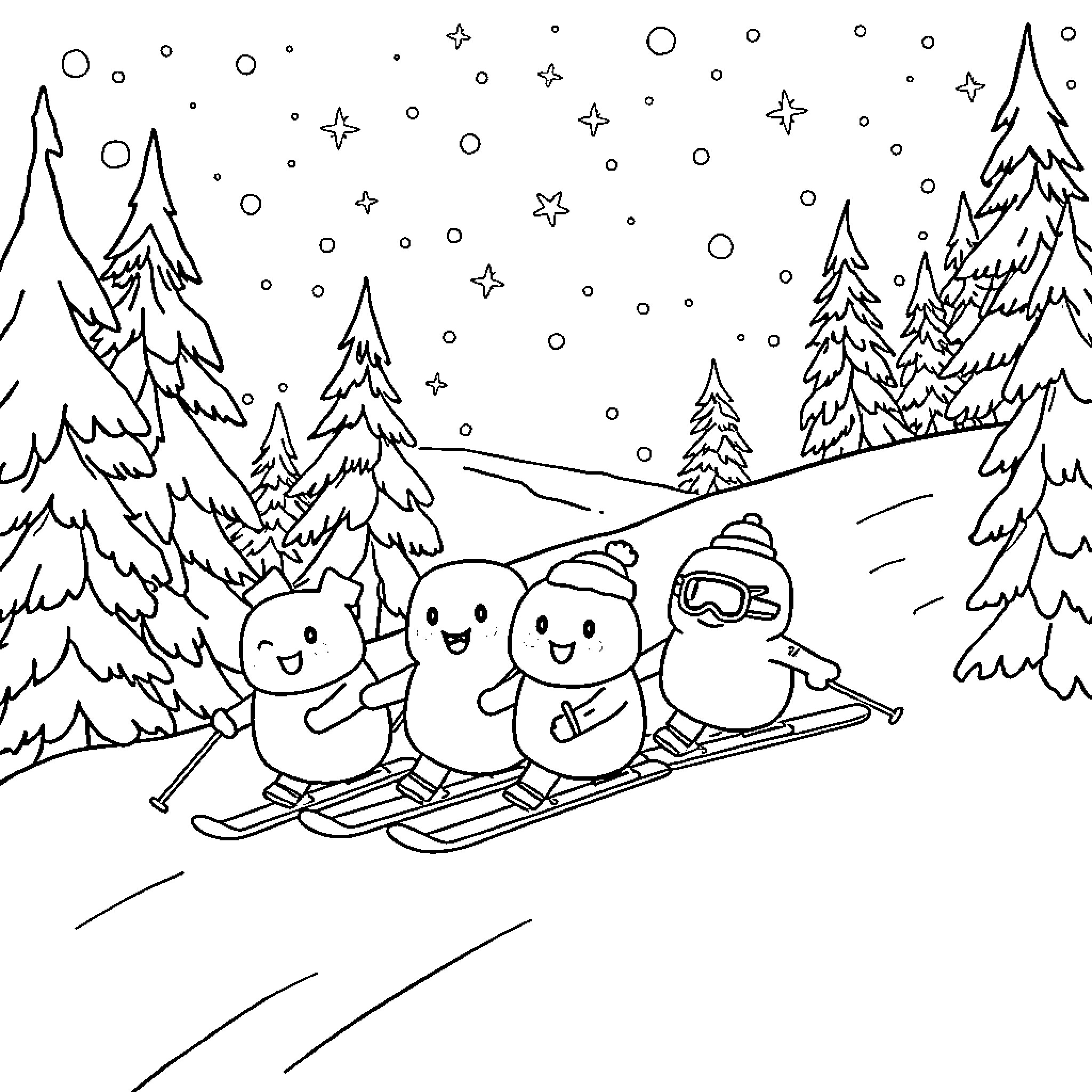 Squish Mellow Snowtime Adventure Coloring Page (free black-and-white line drawing printable PDF for all, from beginners to advanced learners, including children, teens, adults, and seniors)