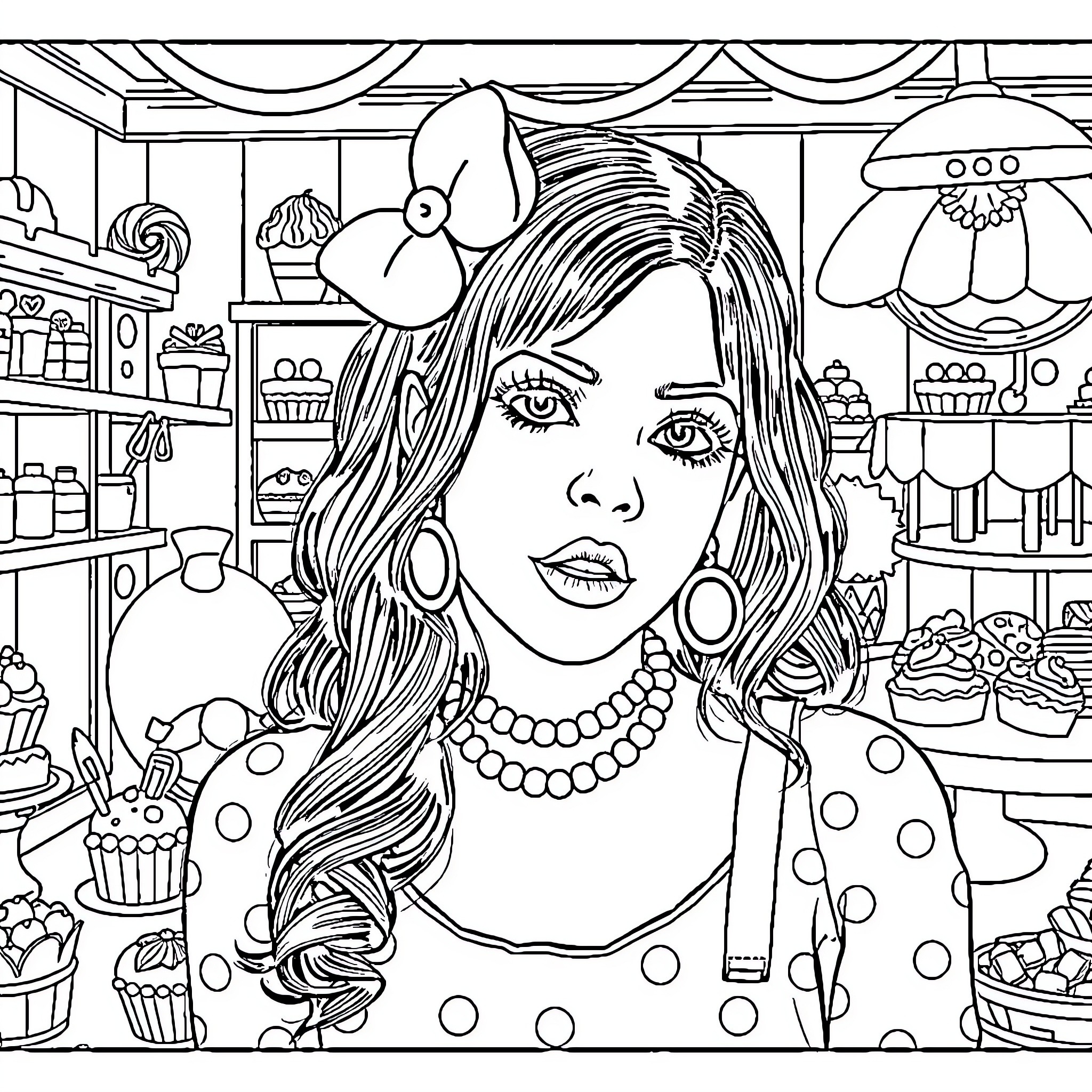 Melanie Martinez in a Colorful and Whimsical Setting Coloring Page (free black-and-white line drawing printable PDF for all, from beginners to advanced learners, including children, teens, adults, and seniors)