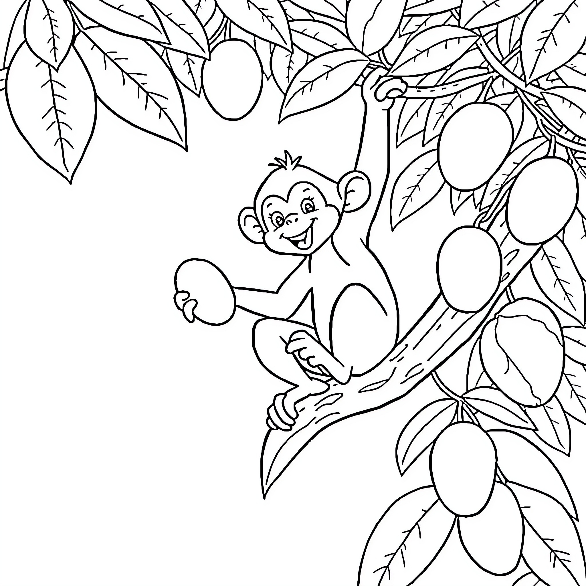 Monkey playfully exploring fruit-bearing tree Coloring Page (free black-and-white line drawing printable PDF for all, from beginners to advanced learners, including children, teens, adults, and seniors)
