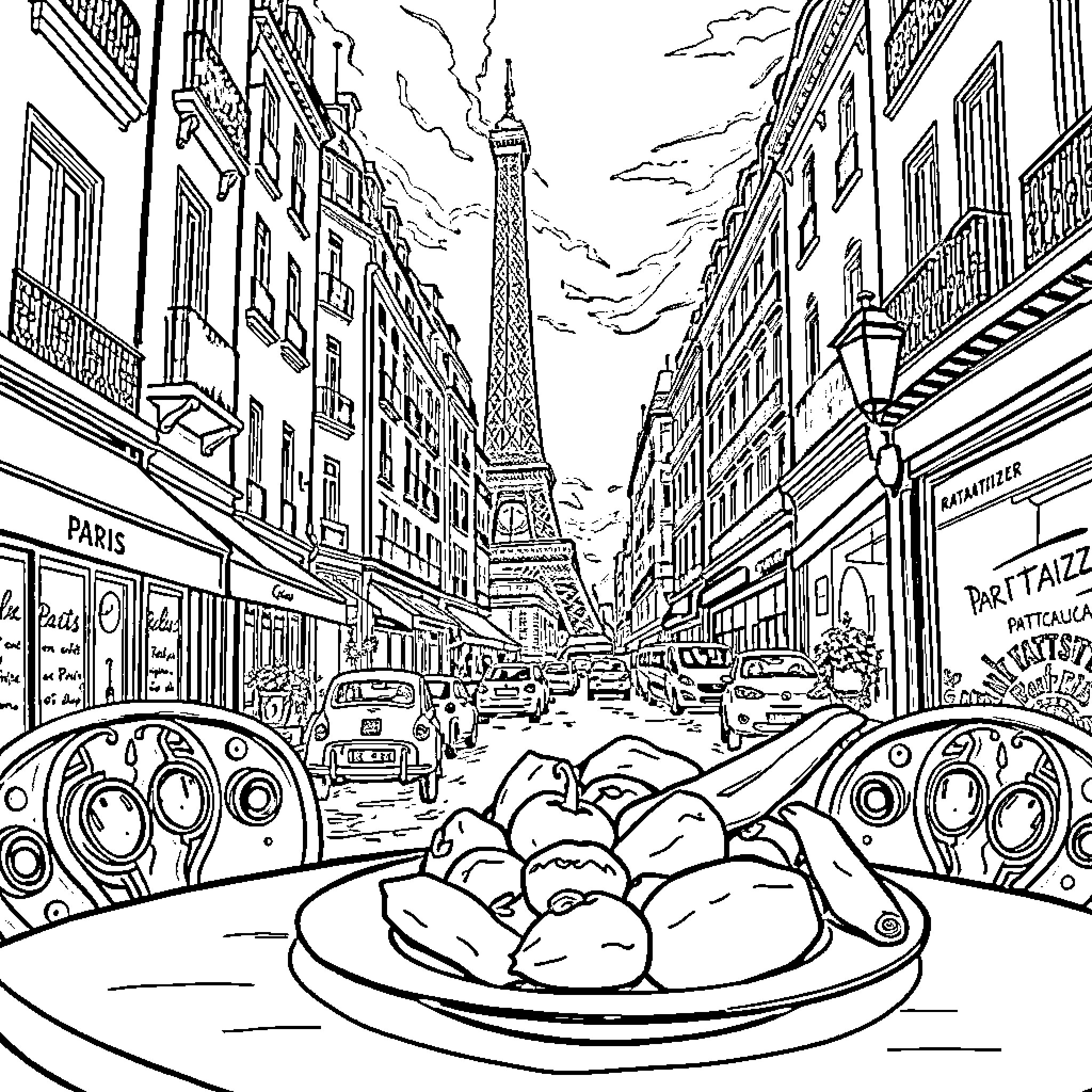 Ratatouille in the Streets of Paris Coloring Page (free black-and-white line drawing printable PDF for all, from beginners to advanced learners, including children, teens, adults, and seniors)