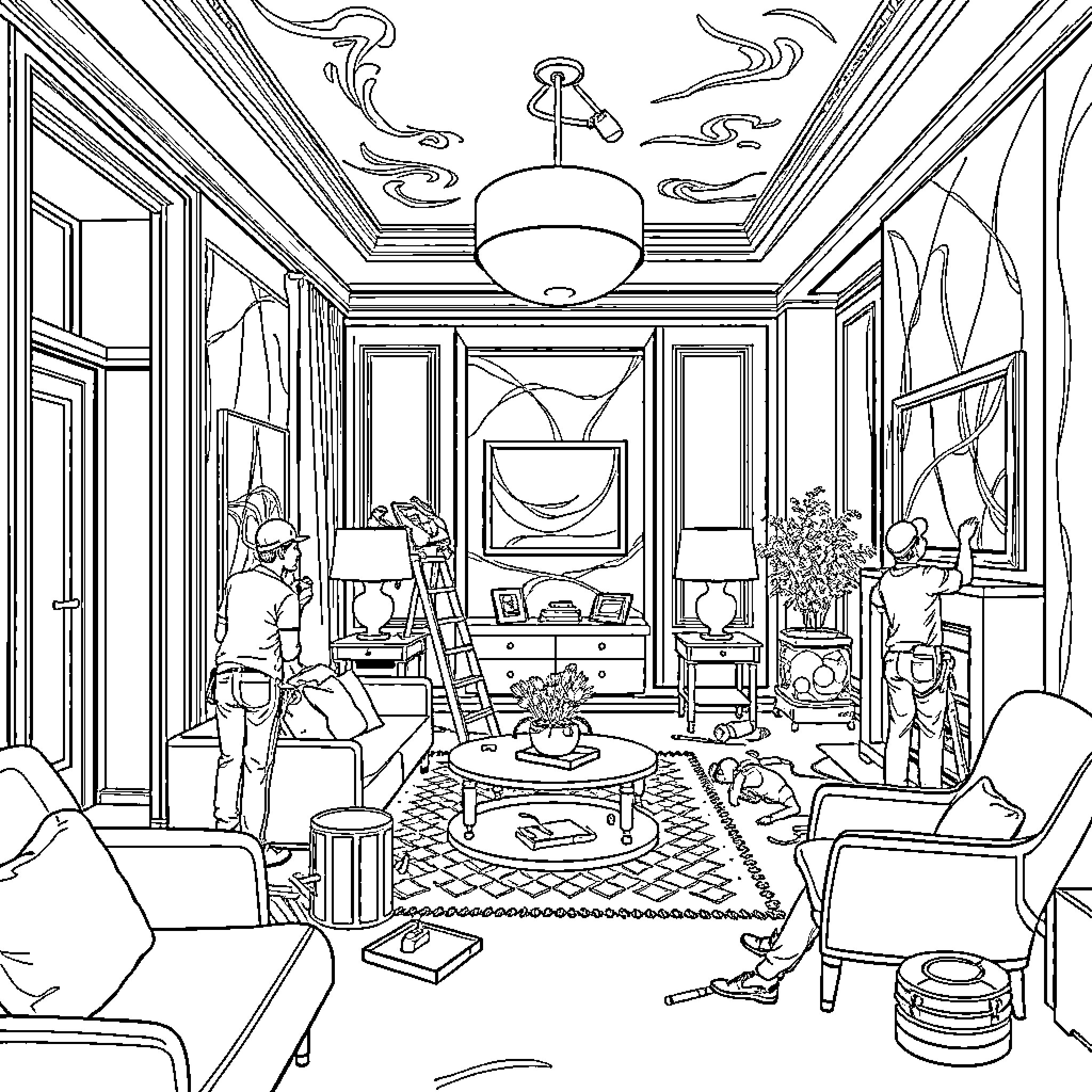 Hotel Lobby with Elegant Furnishings and Decor Coloring Page (free black-and-white line drawing printable PDF for all, from beginners to advanced learners, including children, teens, adults, and seniors)