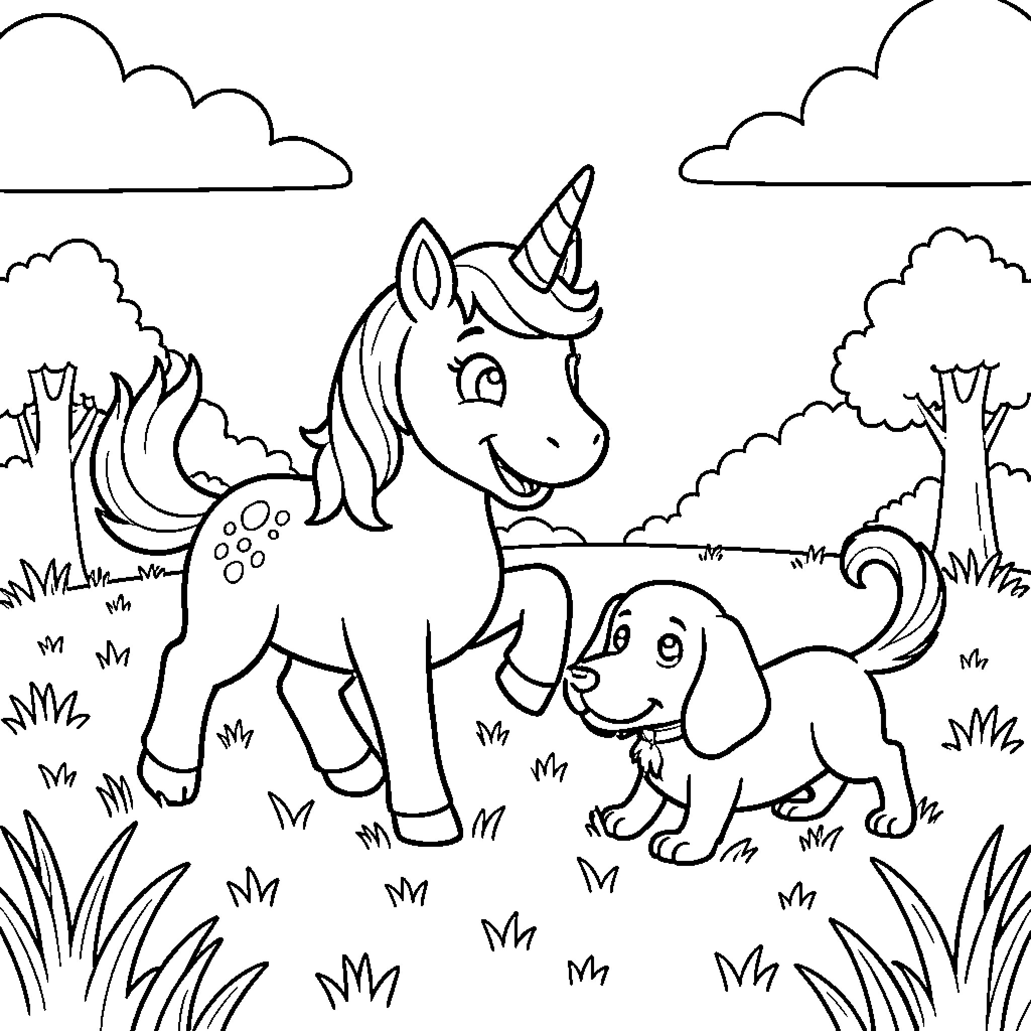 Unicorn playing joyfully with a small puppy Coloring Page (free black-and-white line drawing printable PDF for all, from beginners to advanced learners, including children, teens, adults, and seniors)