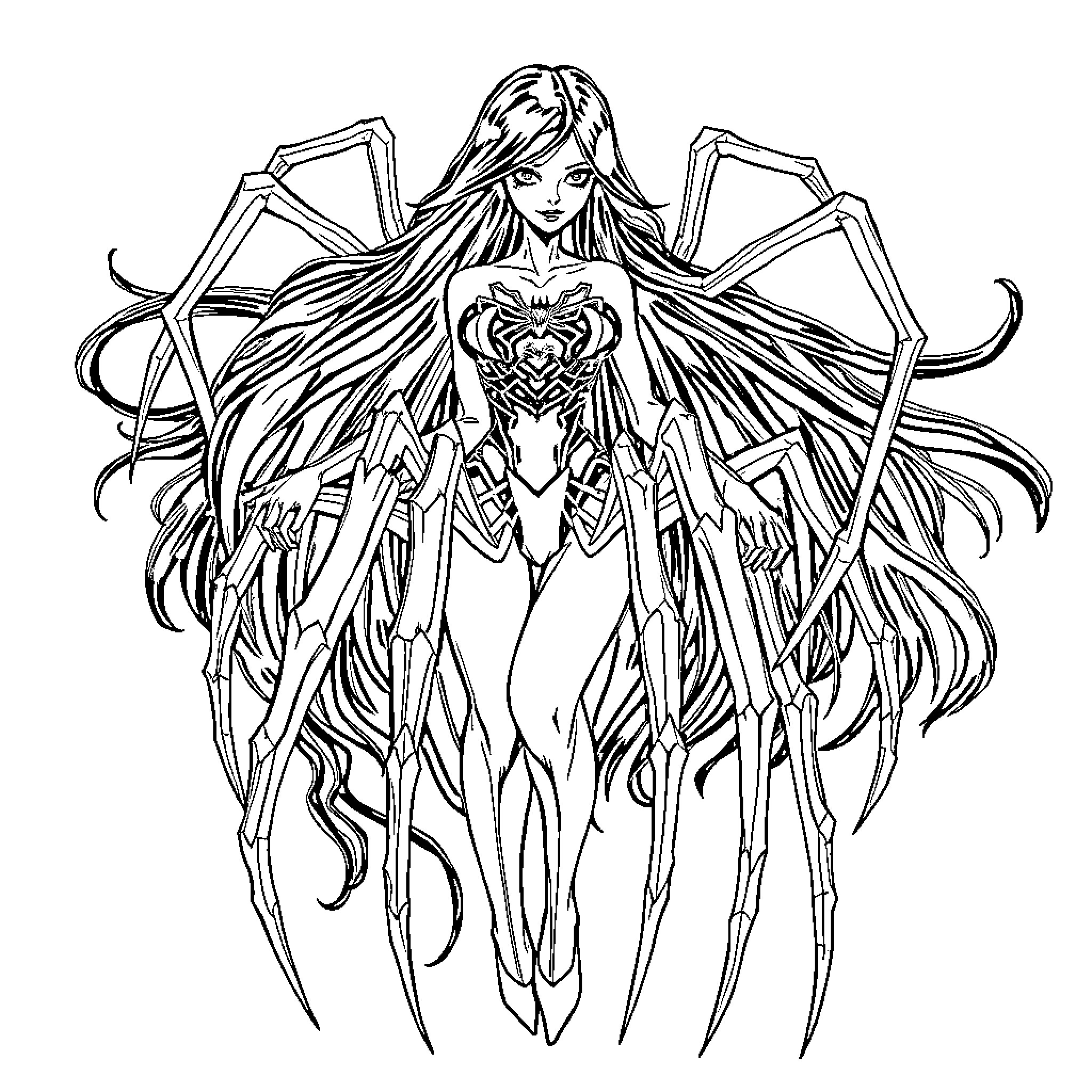 Spider-like creature with long hair and ornate armor Coloring Page (free black-and-white line drawing printable PDF for all, from beginners to advanced learners, including children, teens, adults, and seniors)