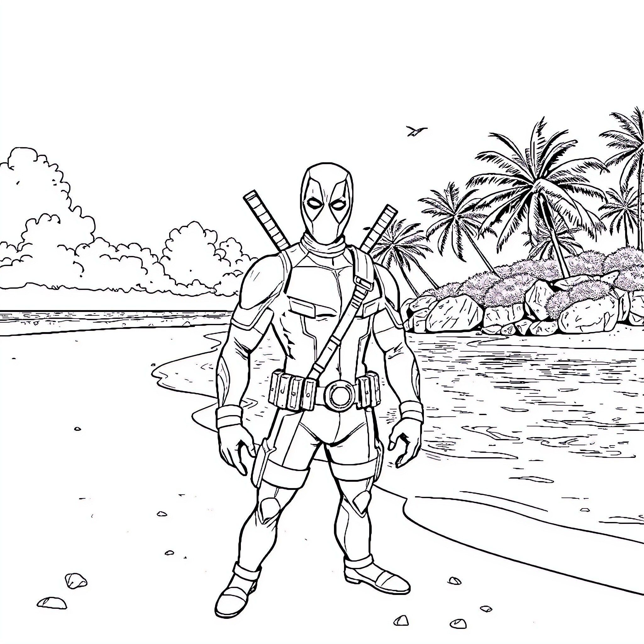 Deadpool relaxing on a tropical beach Coloring Page (free black-and-white line drawing printable PDF for all, from beginners to advanced learners, including children, teens, adults, and seniors)