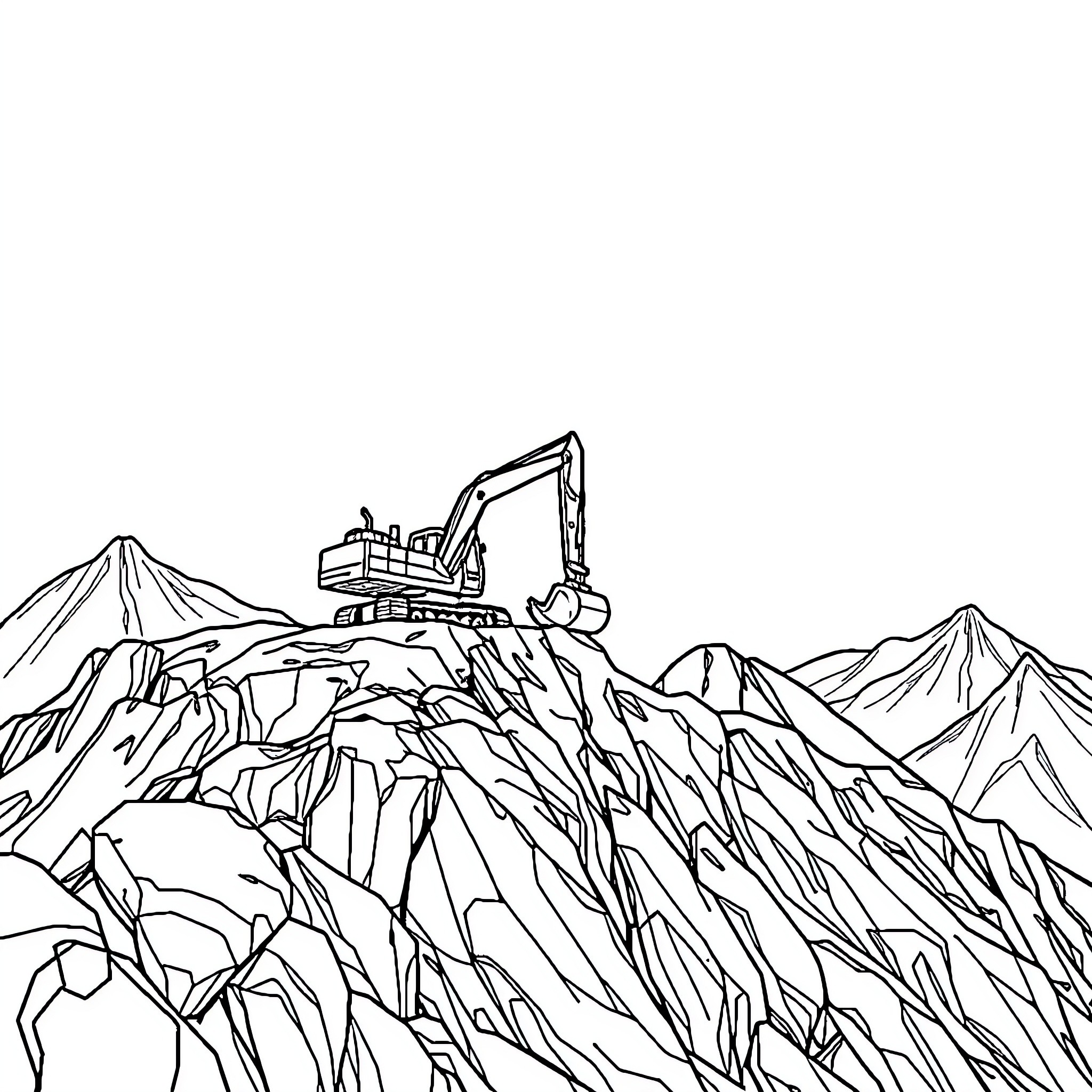 Excavator operating on rugged terrain Coloring Page (free black-and-white line drawing printable PDF for all, from beginners to advanced learners, including children, teens, adults, and seniors)