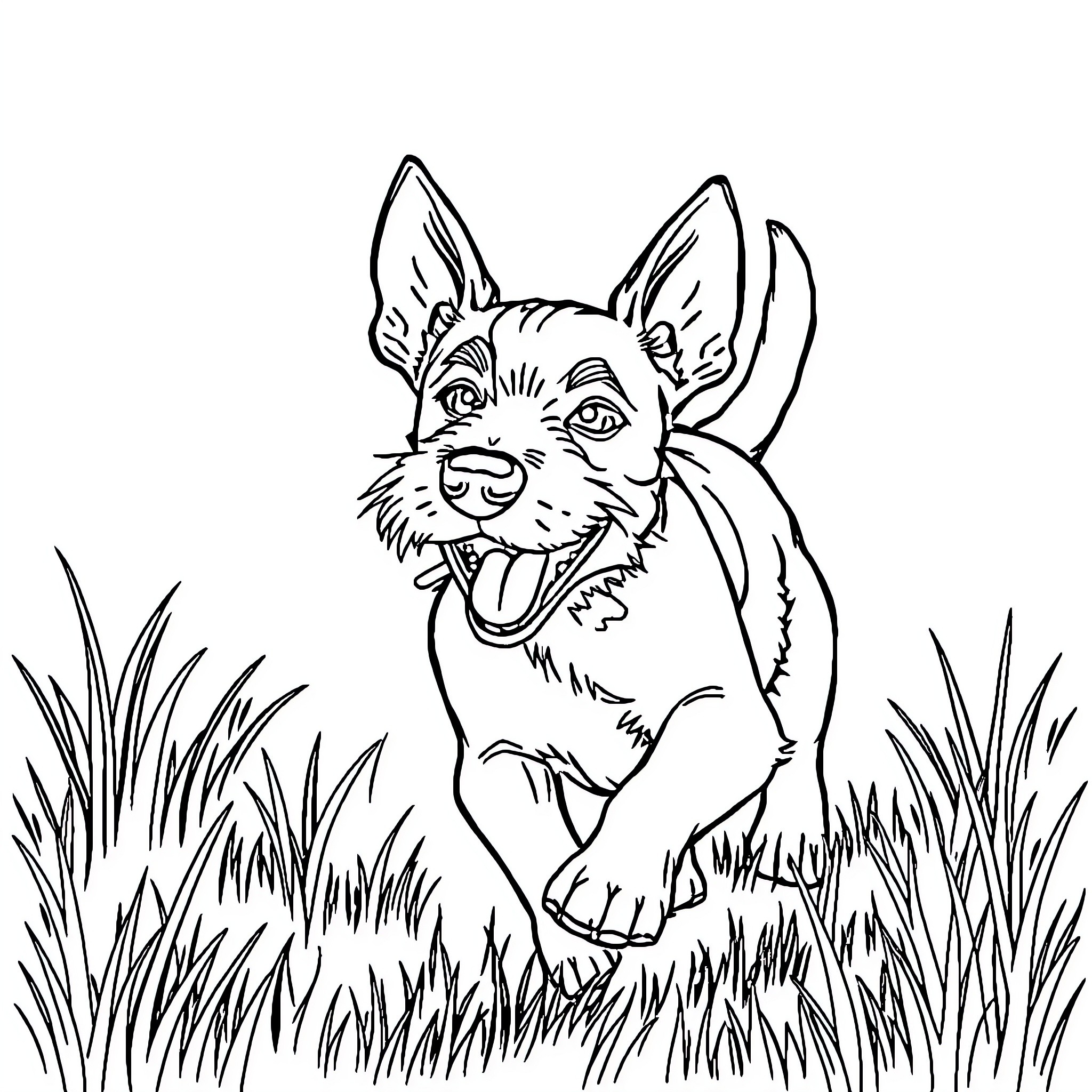 Russell Terrier playing happily in the field Coloring Page (free black-and-white line drawing printable PDF for all, from beginners to advanced learners, including children, teens, adults, and seniors)