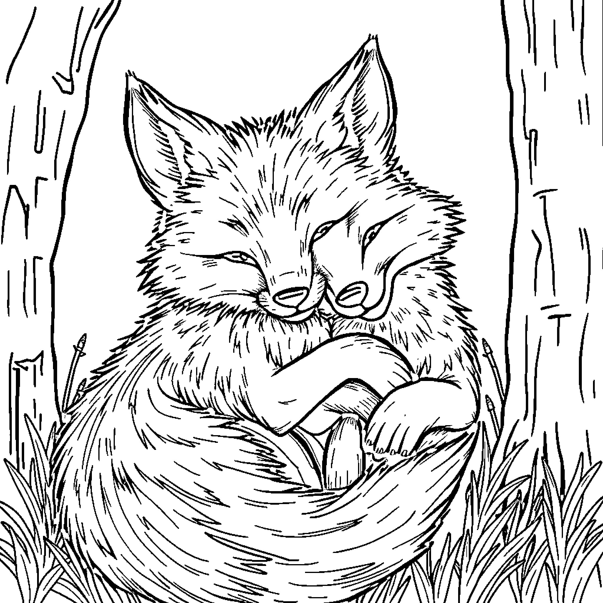 Fox resting peacefully in natural habitat Coloring Page (free black-and-white line drawing printable PDF for all, from beginners to advanced learners, including children, teens, adults, and seniors)