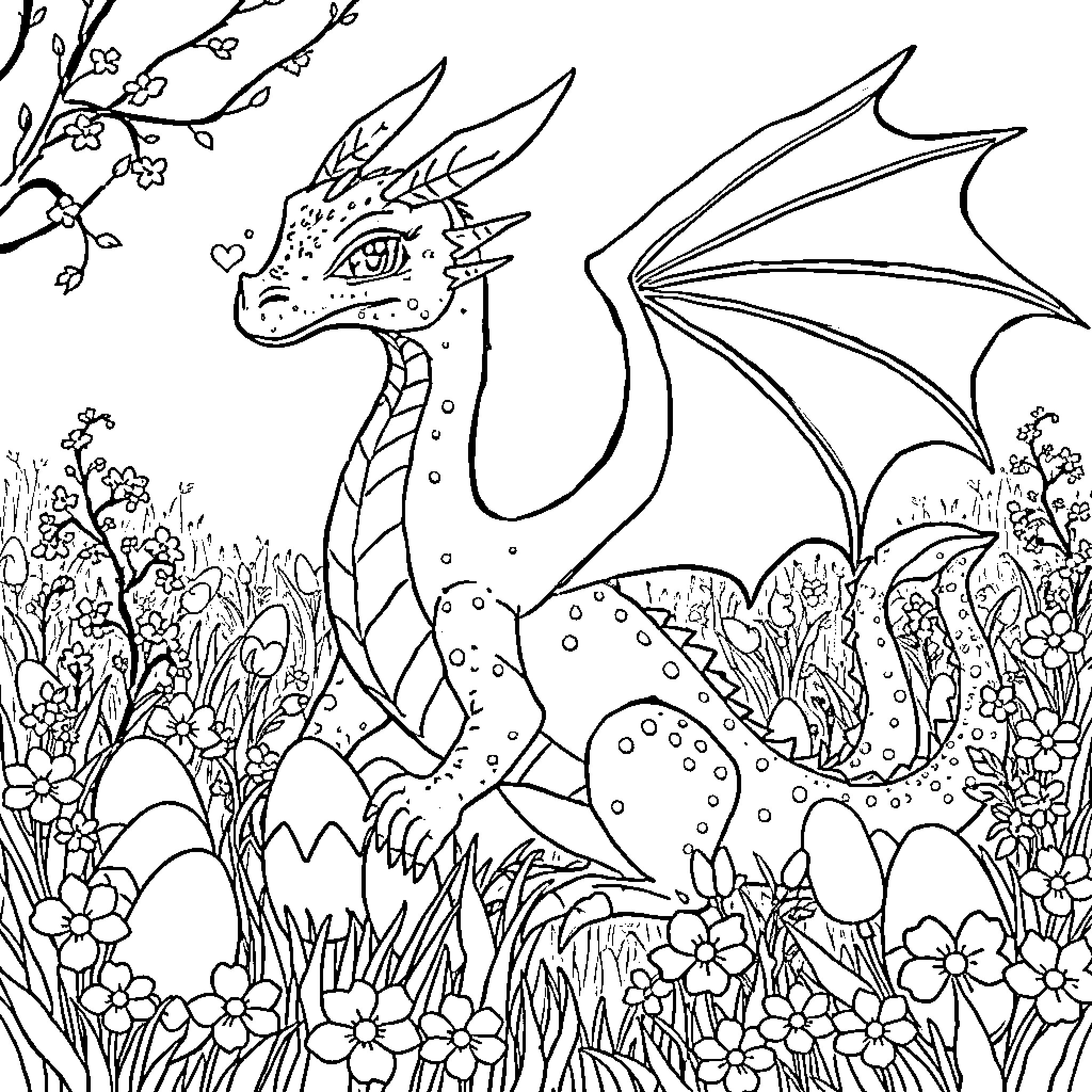 Dragon in Enchanted Floral Garden Coloring Page (free black-and-white line drawing printable PDF for all, from beginners to advanced learners, including children, teens, adults, and seniors)