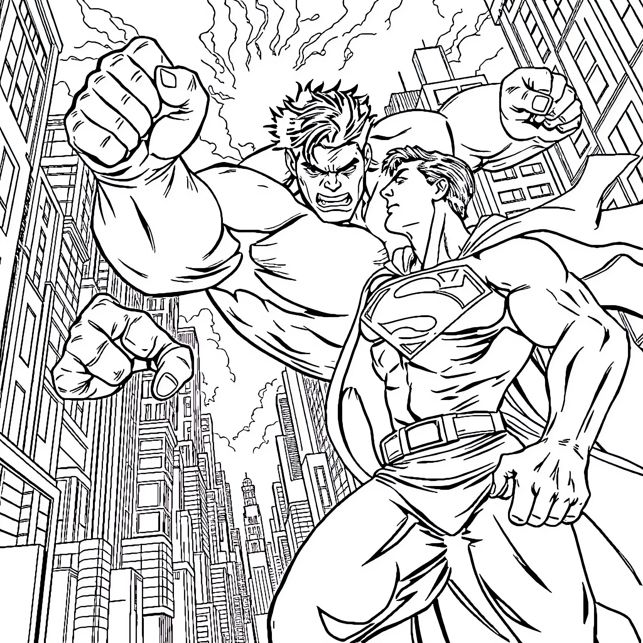 Hulk and Superman battling heroically in the city Coloring Page (free black-and-white line drawing printable PDF for all, from beginners to advanced learners, including children, teens, adults, and seniors)