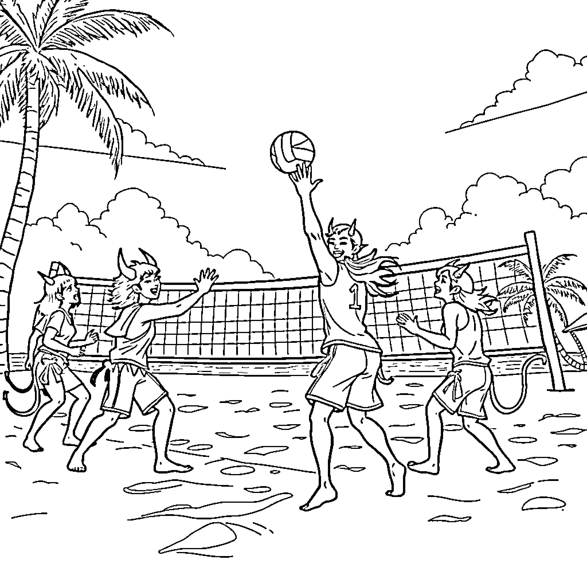Demon Hunters playing beach volleyball Coloring Page (free black-and-white line drawing printable PDF for all, from beginners to advanced learners, including children, teens, adults, and seniors)