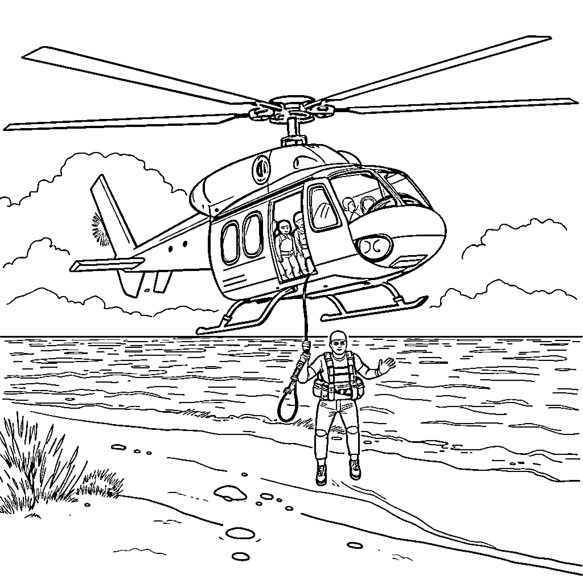 Helicopter rescue mission in remote wilderness Coloring Page (free black-and-white line drawing printable PDF for all, from beginners to advanced learners, including children, teens, adults, and seniors)