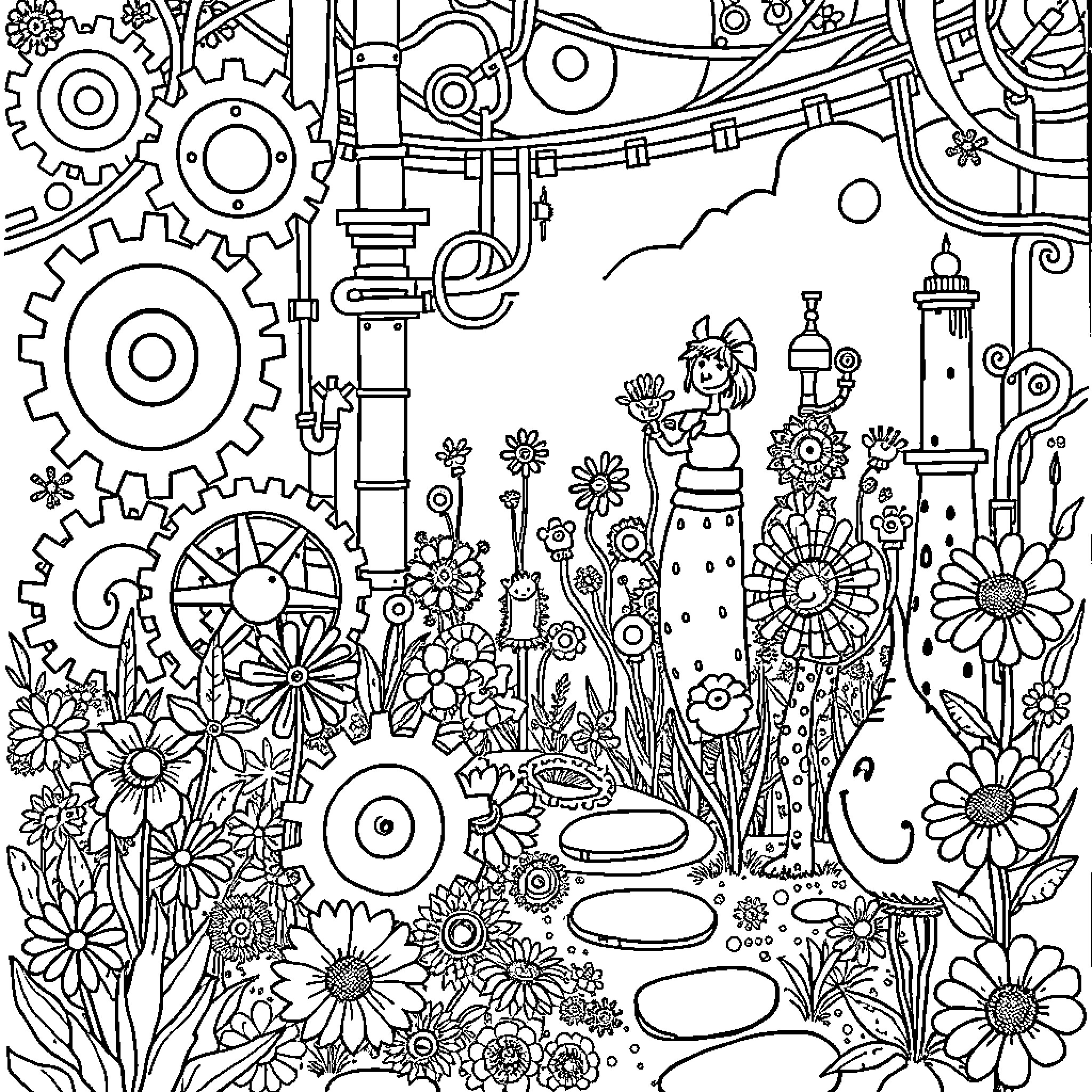 Garden of Whimsical Machinery and Flowers Coloring Page (free black-and-white line drawing printable PDF for all, from beginners to advanced learners, including children, teens, adults, and seniors)