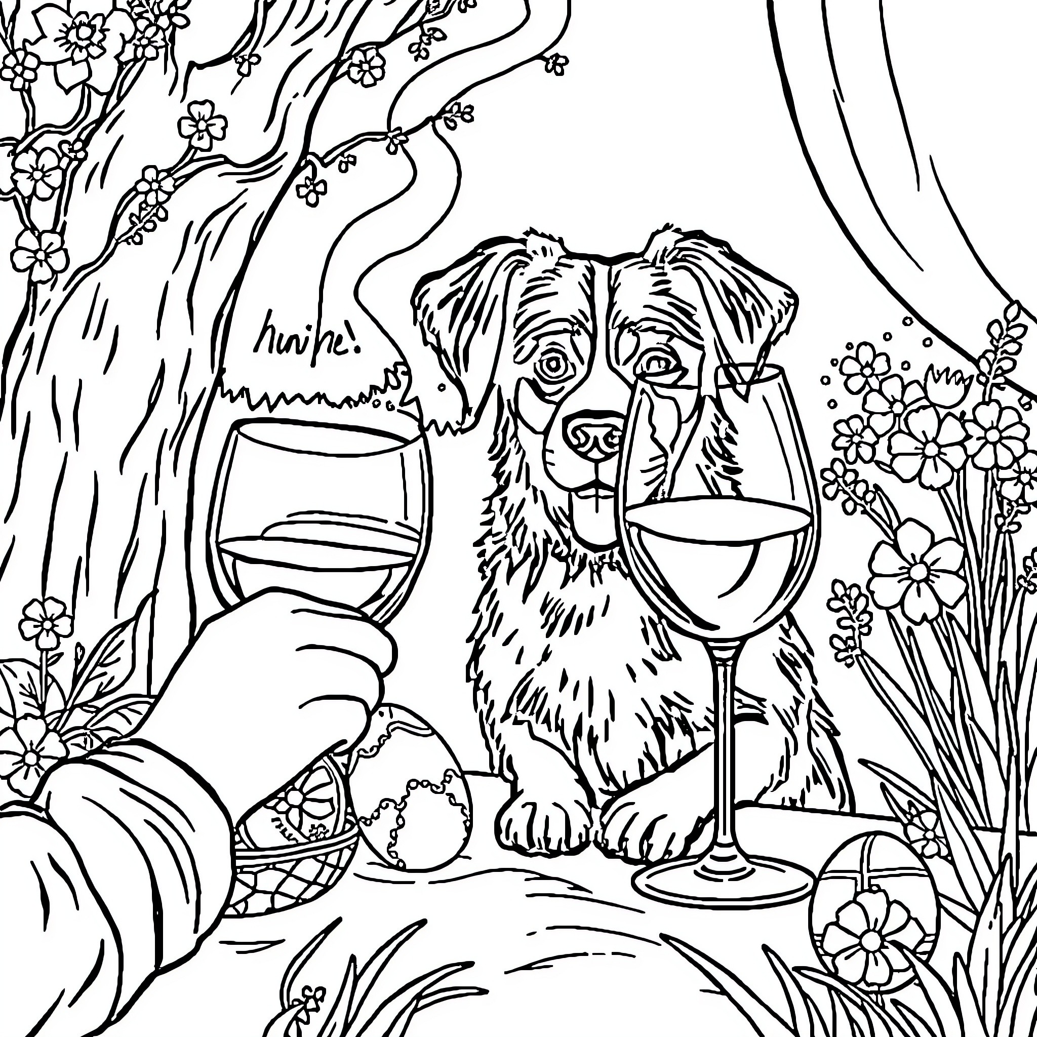 Uva's Canine Companion Enjoying a Relaxing Moment Coloring Page (free black-and-white line drawing printable PDF for all, from beginners to advanced learners, including children, teens, adults, and seniors)