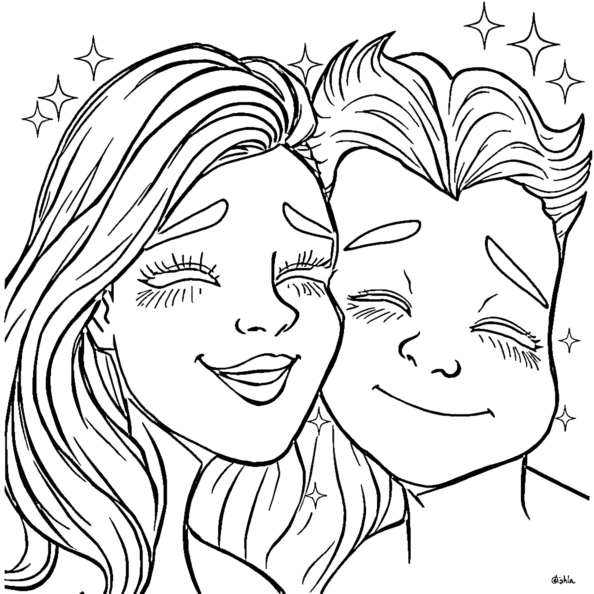Emotion of Shared Happiness between Two Individuals Coloring Page (free black-and-white line drawing printable PDF for all, from beginners to advanced learners, including children, teens, adults, and seniors)