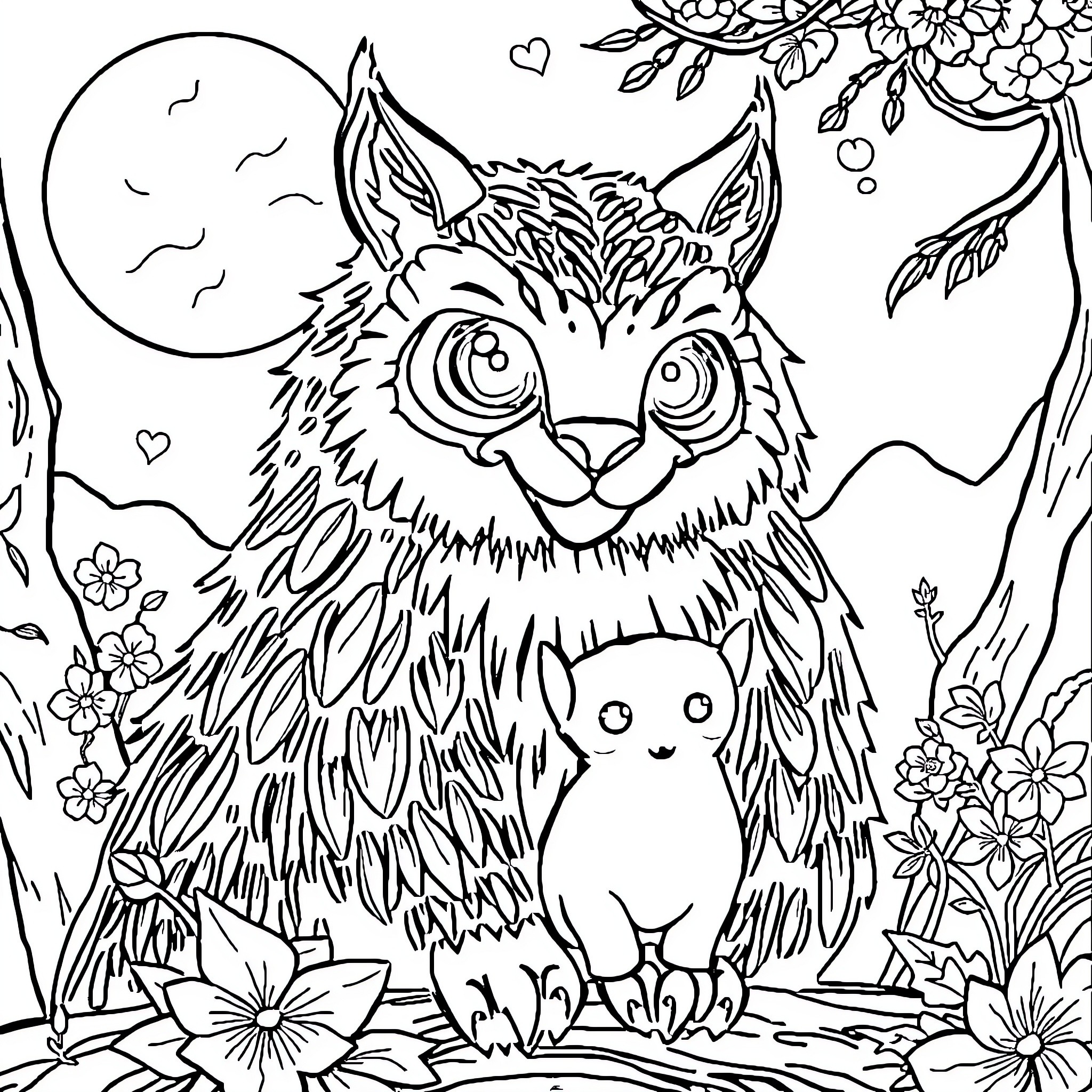 Fox and Furry Friend in Enchanted Forest Coloring Page (free black-and-white line drawing printable PDF for all, from beginners to advanced learners, including children, teens, adults, and seniors)
