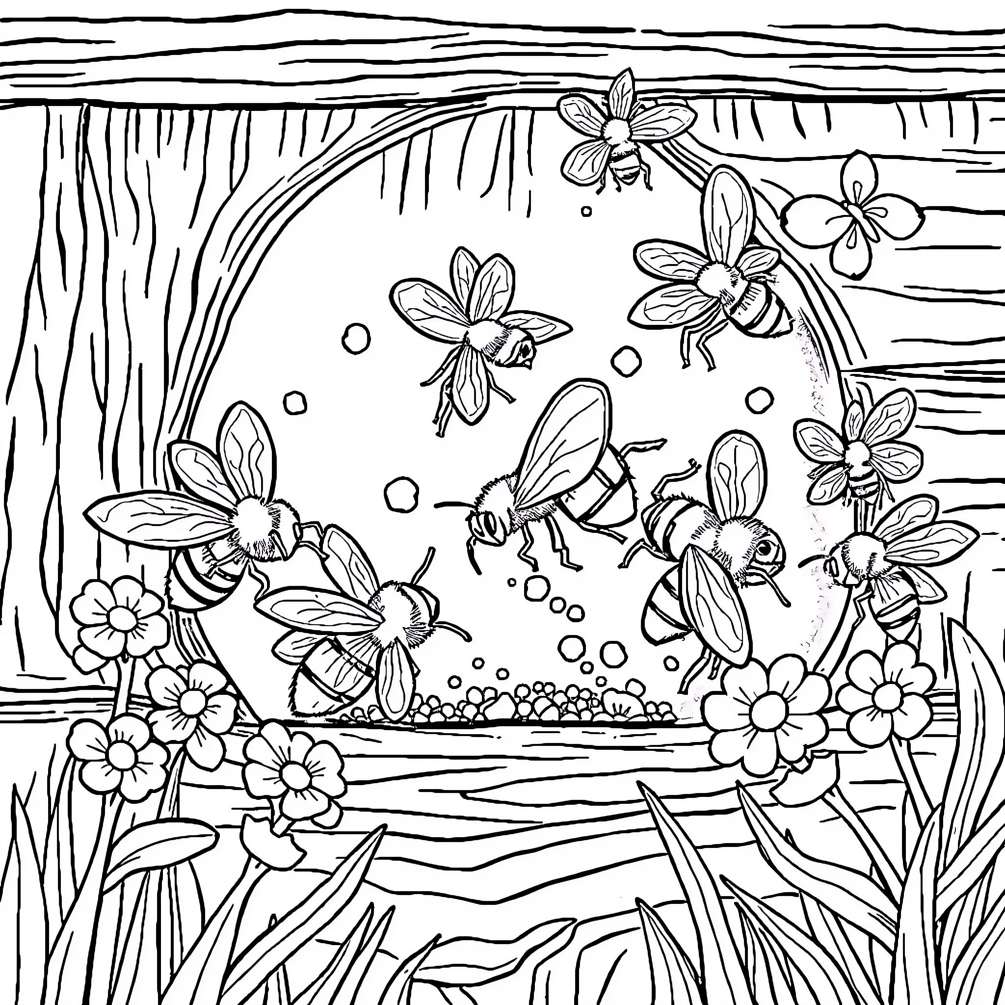 Bees buzzing among floral blooms Coloring Page (free black-and-white line drawing printable PDF for all, from beginners to advanced learners, including children, teens, adults, and seniors)