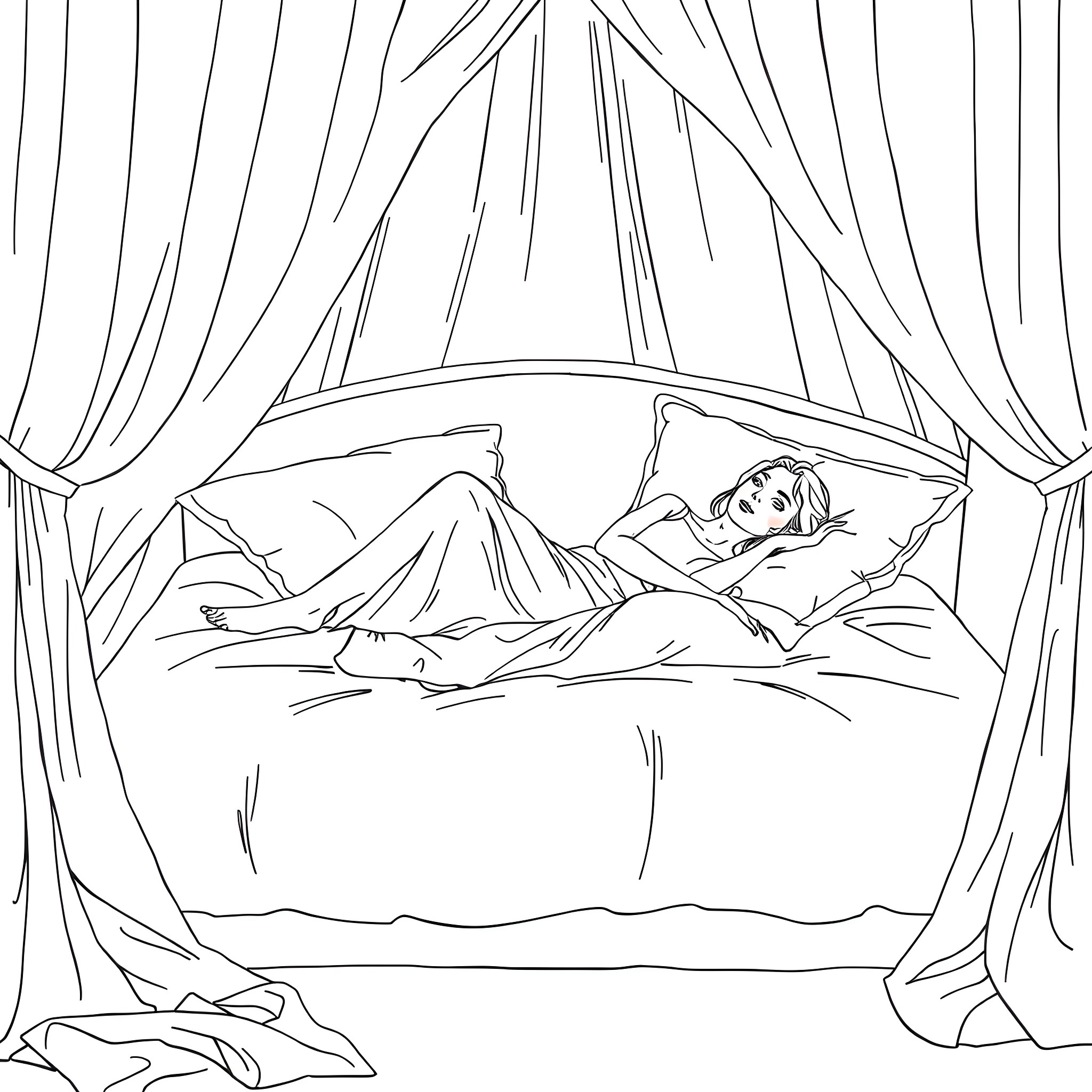 Female resting peacefully on bed in bedroom Coloring Page (free black-and-white line drawing printable PDF for all, from beginners to advanced learners, including children, teens, adults, and seniors)