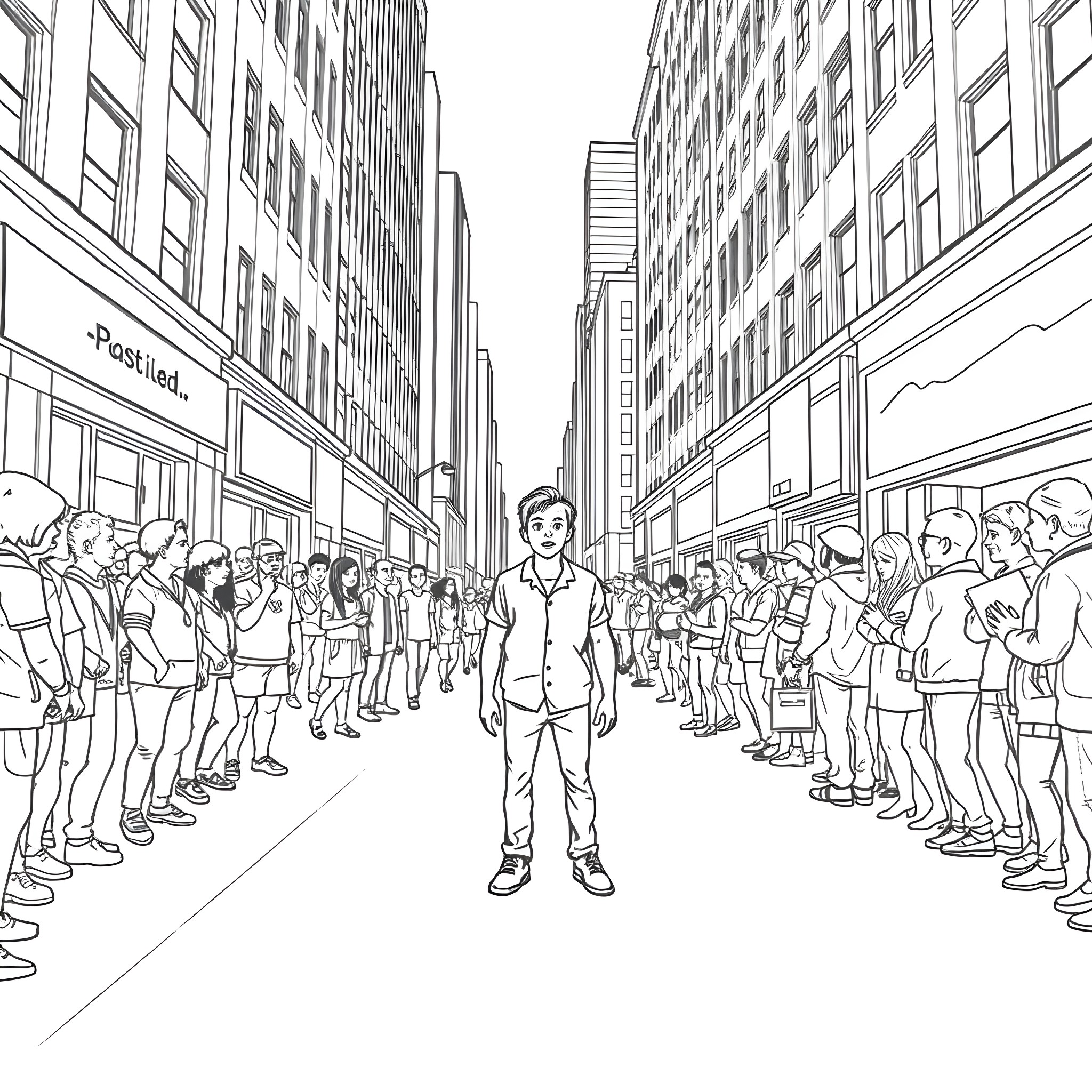 Female walking alone in crowded urban street Coloring Page (free black-and-white line drawing printable PDF for all, from beginners to advanced learners, including children, teens, adults, and seniors)