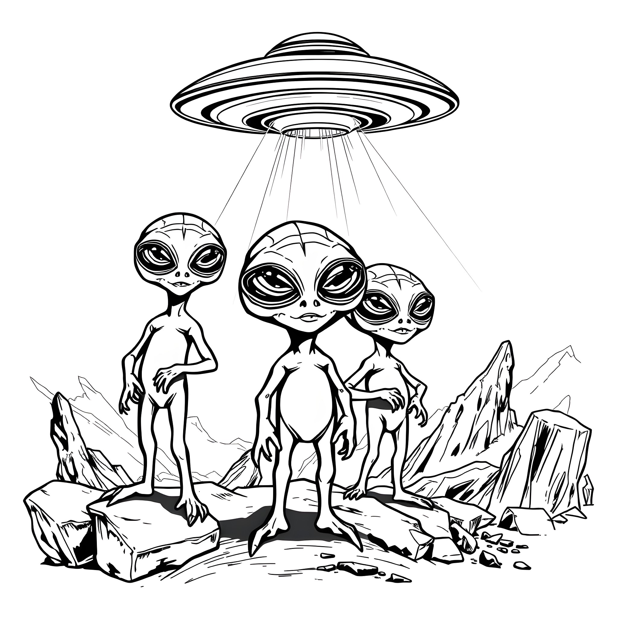 Alien trio observing rocky terrain under UFO Coloring Page (free black-and-white line drawing printable PDF for all, from beginners to advanced learners, including children, teens, adults, and seniors)
