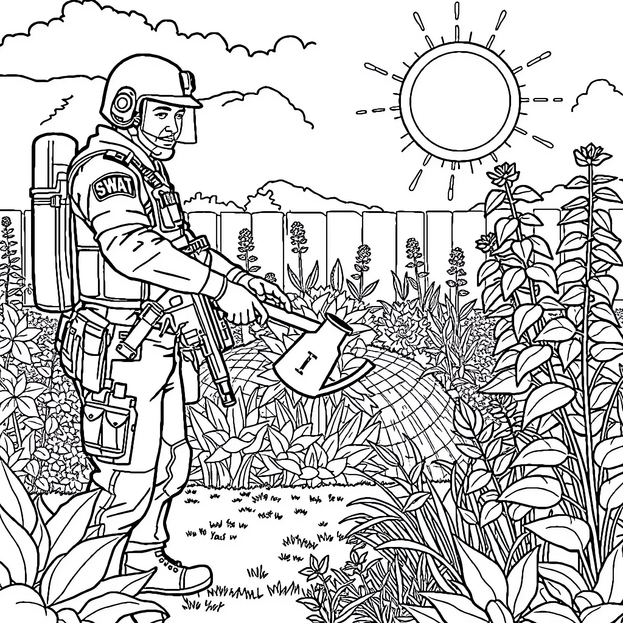 Swat Team Member in Jungle Terrain Coloring Page (free black-and-white line drawing printable PDF for all, from beginners to advanced learners, including children, teens, adults, and seniors)