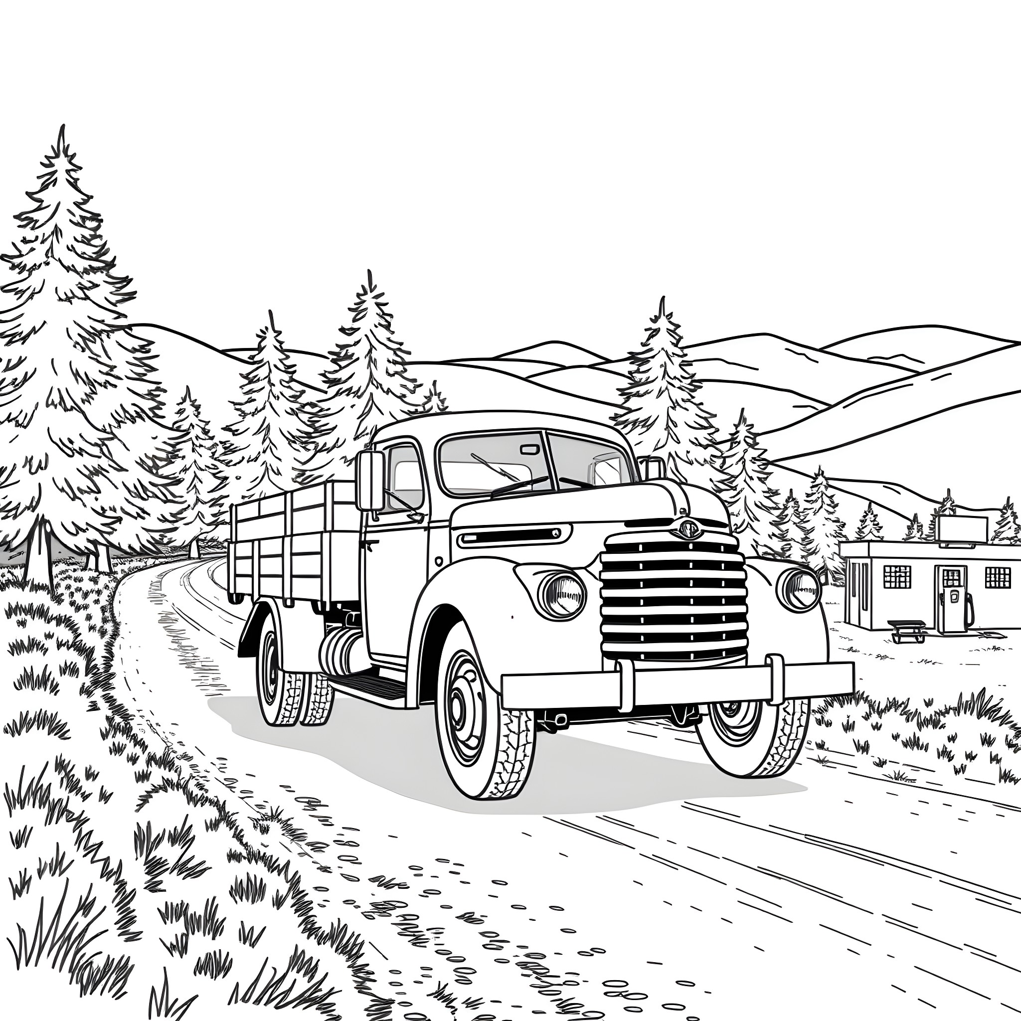 Truck transporting goods through scenic mountain landscape Coloring Page (free black-and-white line drawing printable PDF for all, from beginners to advanced learners, including children, teens, adults, and seniors)