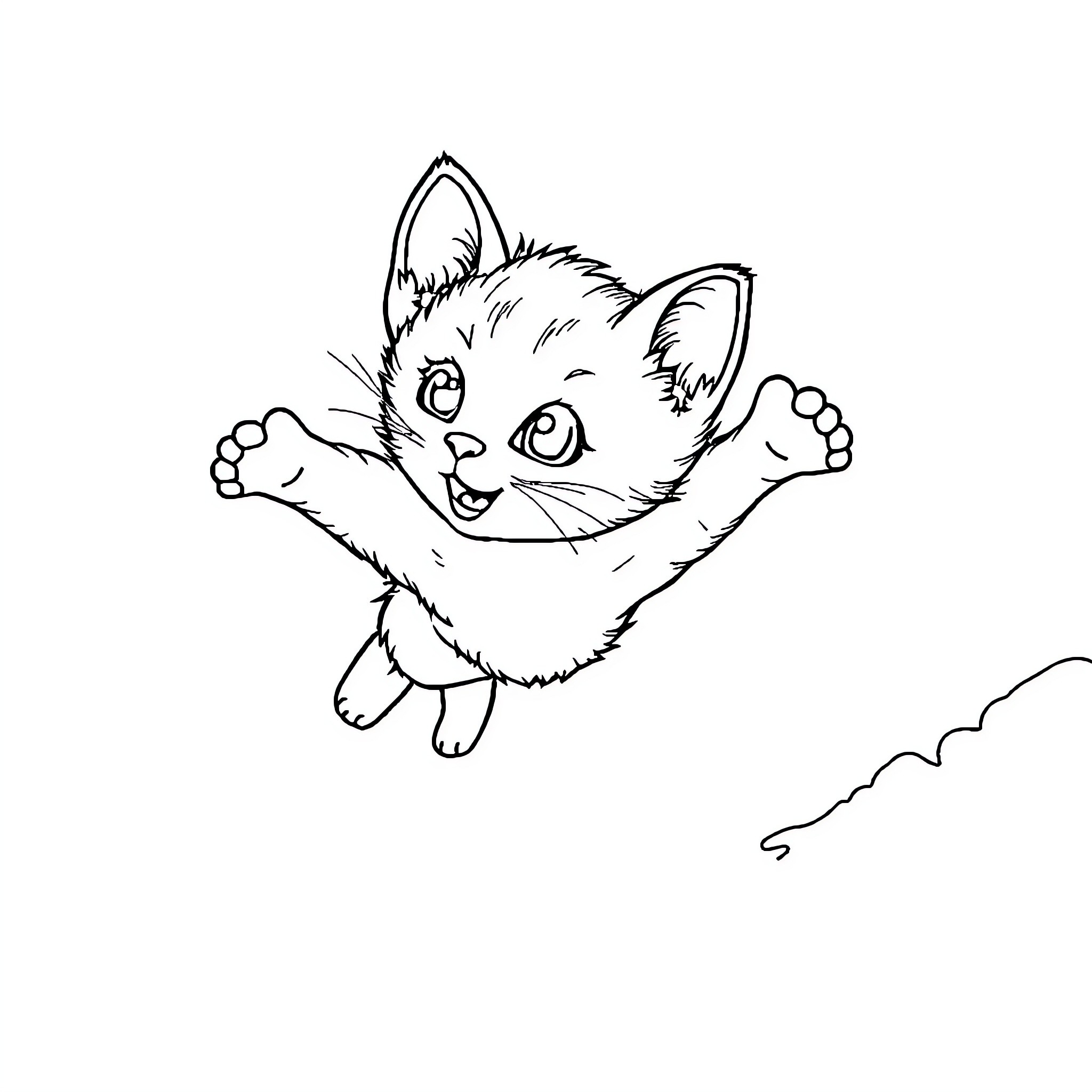 Flying Kitten leaping happily in the sky Coloring Page (free black-and-white line drawing printable PDF for all, from beginners to advanced learners, including children, teens, adults, and seniors)