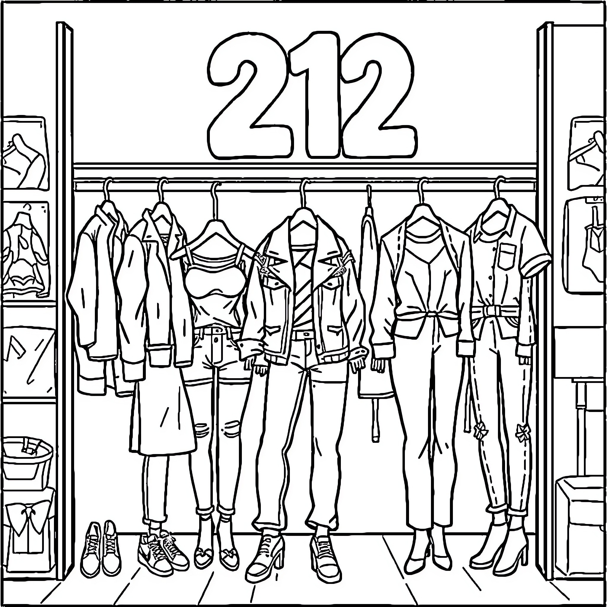 Clothing store with various outfits on display Coloring Page (free black-and-white line drawing printable PDF for all, from beginners to advanced learners, including children, teens, adults, and seniors)