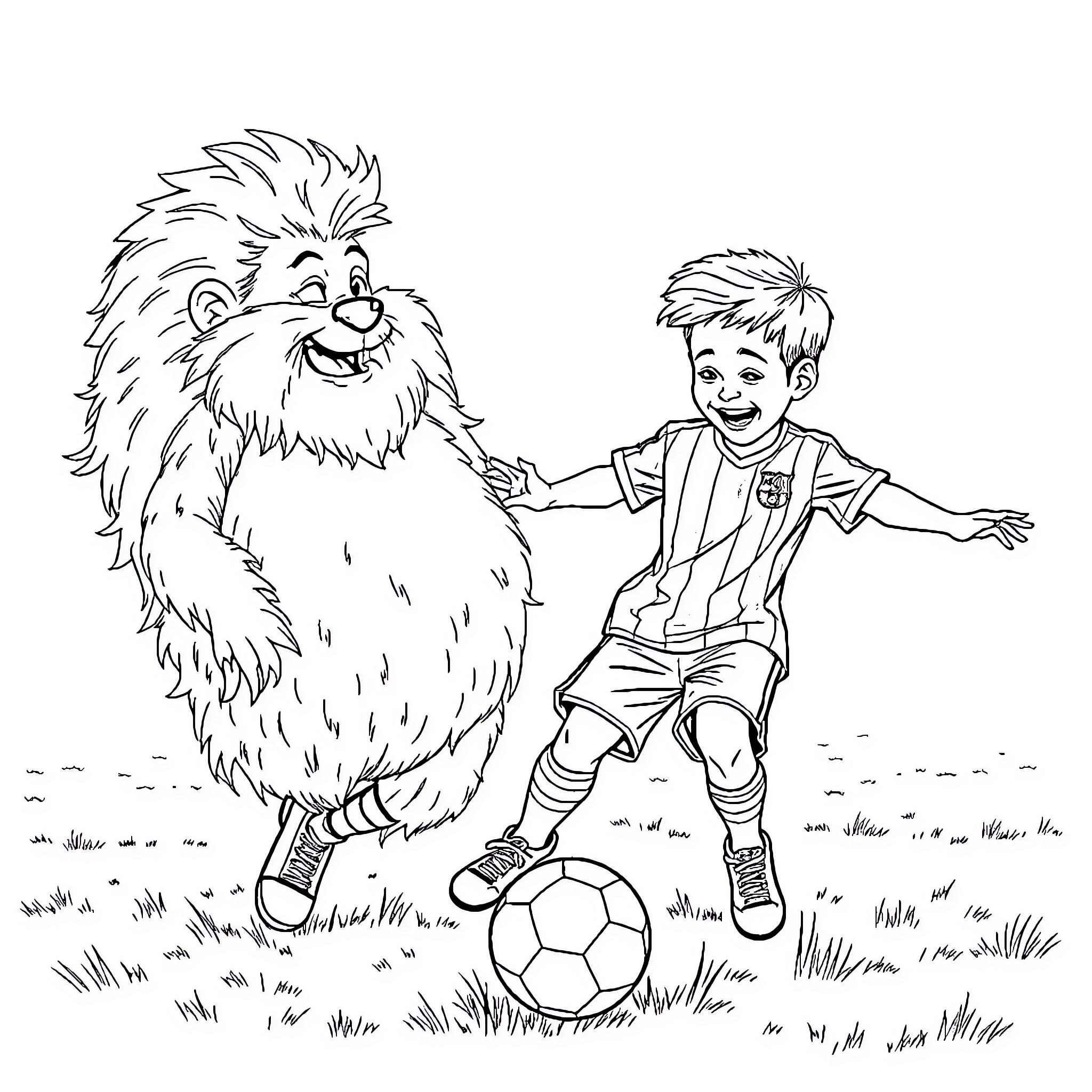 Samoyed and boy playing soccer happily in the park Coloring Page (free black-and-white line drawing printable PDF for all, from beginners to advanced learners, including children, teens, adults, and seniors)